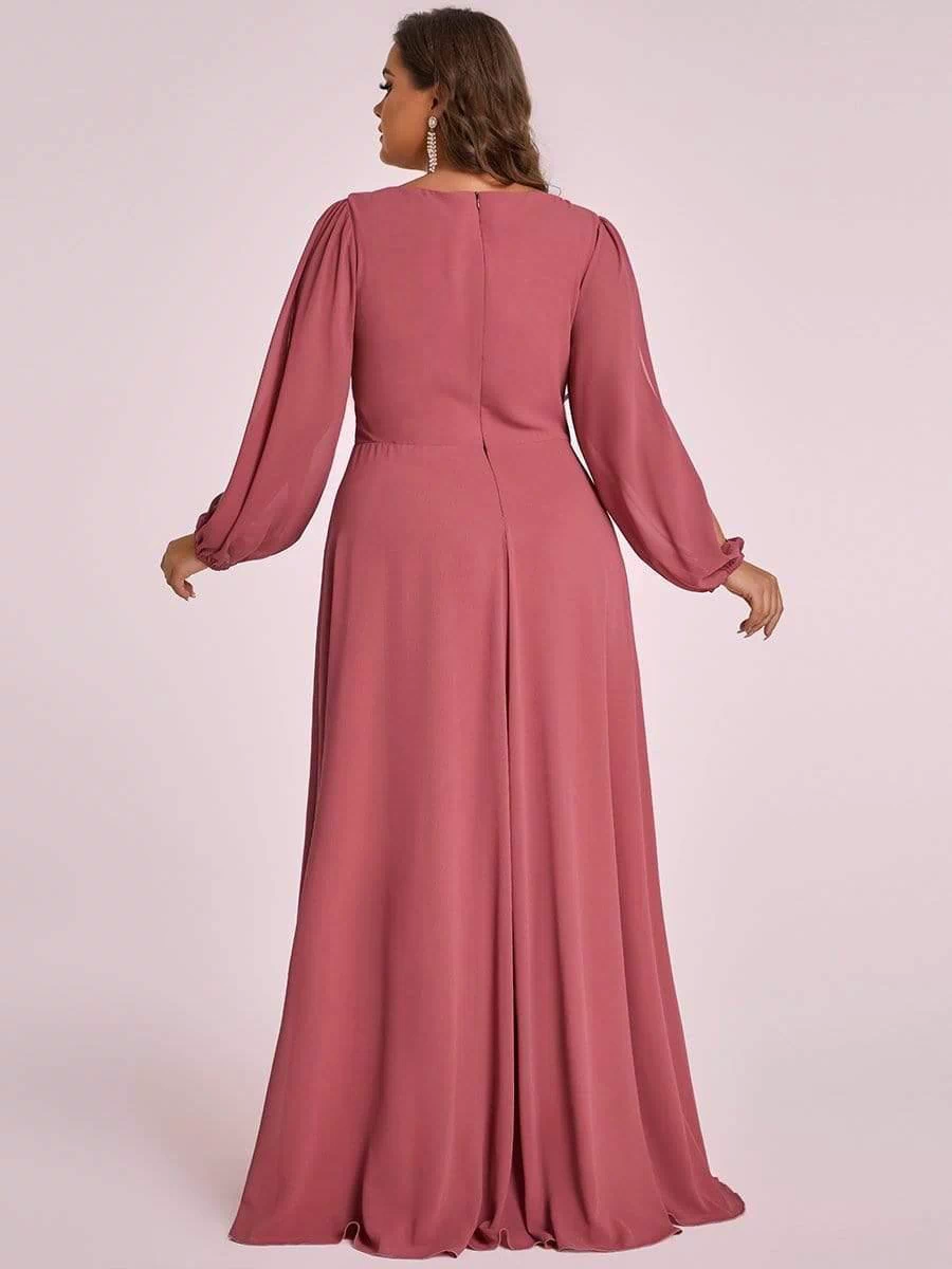 Lantern Long Slit Sleeve Deep V Applique Maxi Evening Dress #color_Cameo Brown