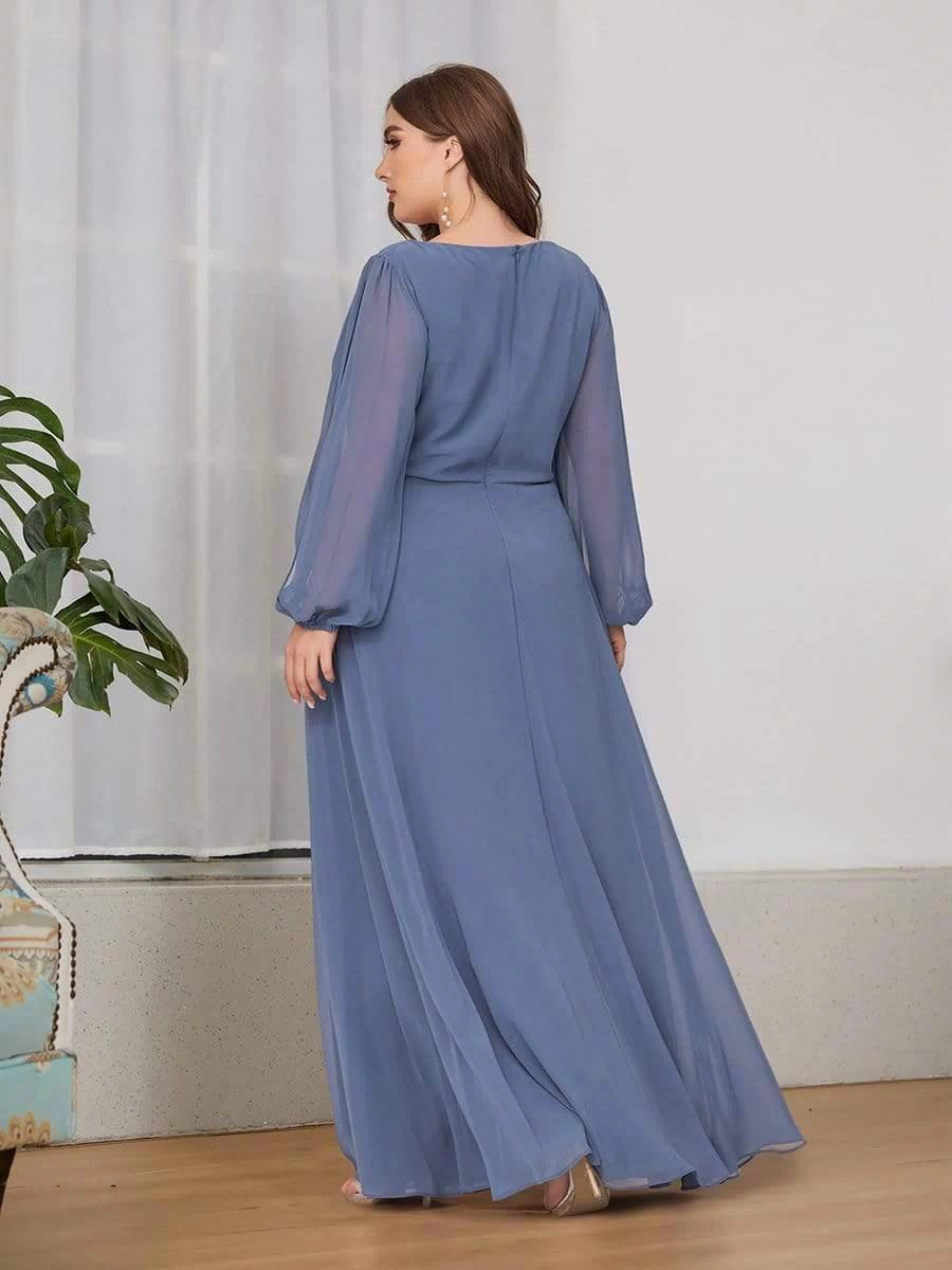 Lantern Long Slit Sleeve Deep V Applique Maxi Evening Dress #color_Dusty Blue