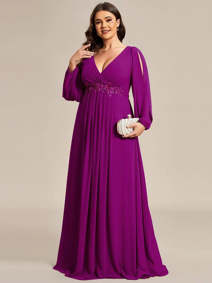 Lantern Long Slit Sleeve Deep V Applique Maxi Evening Dress #color_Fuchsia
