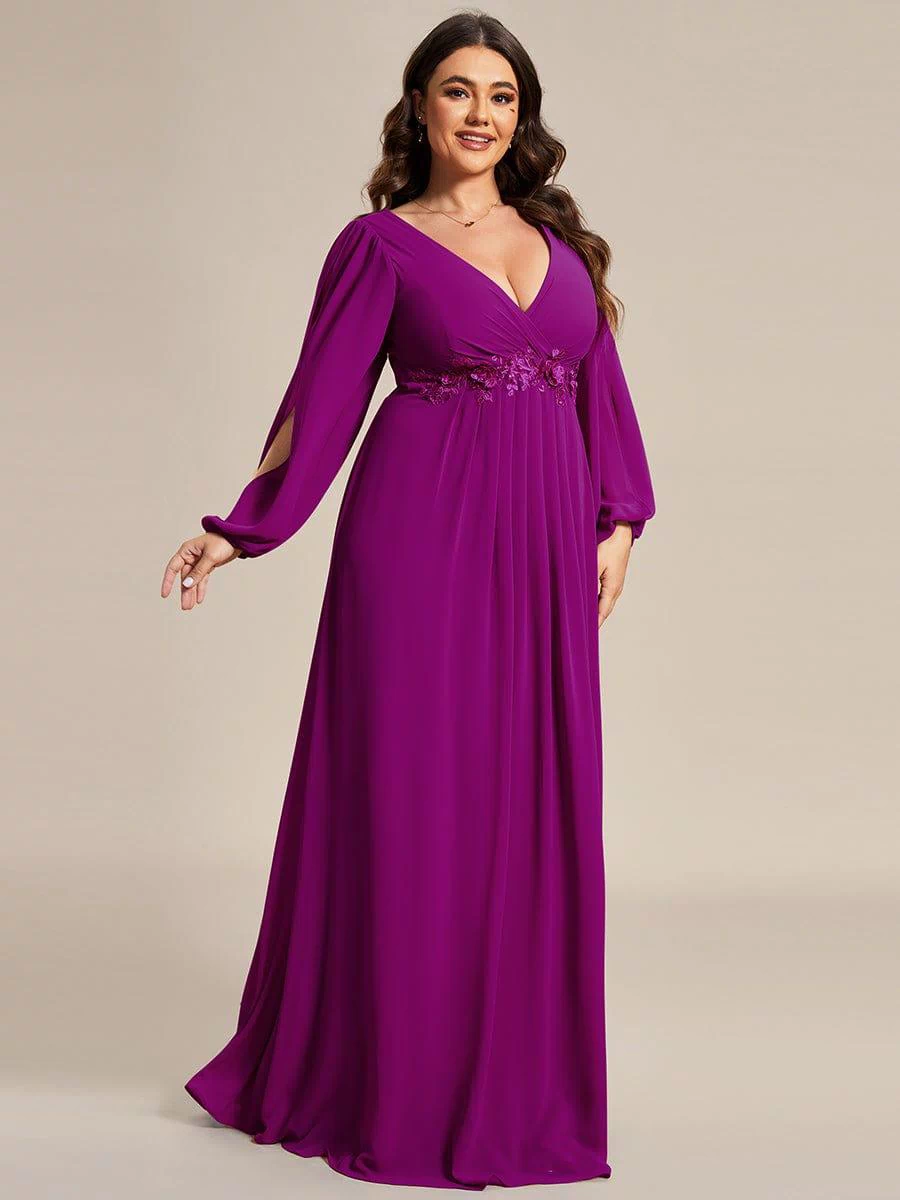 Lantern Long Slit Sleeve Deep V Applique Maxi Evening Dress #color_Fuchsia