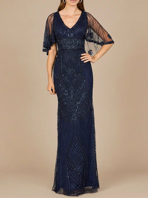 Cape Sleeve V-Neck Beaded Gown | 29356