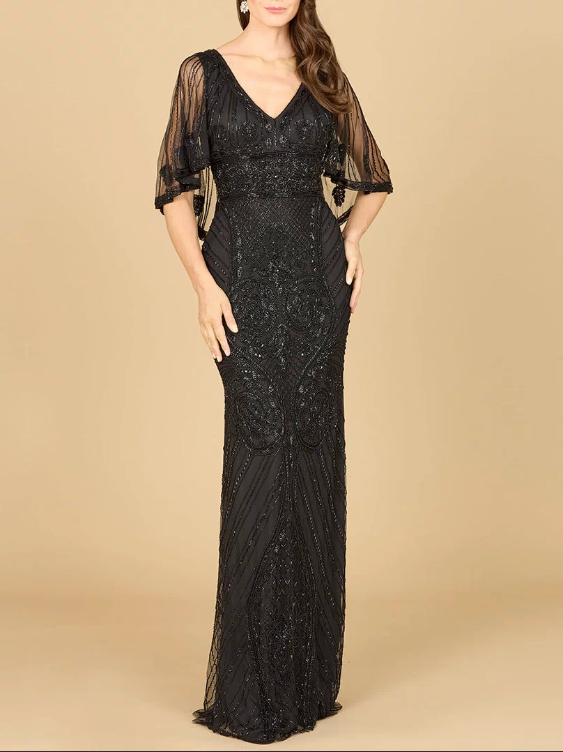 Lara 29356 - Cape Sleeve V-Neck Beaded Gown-Dress-Lara-4-Black-Lara