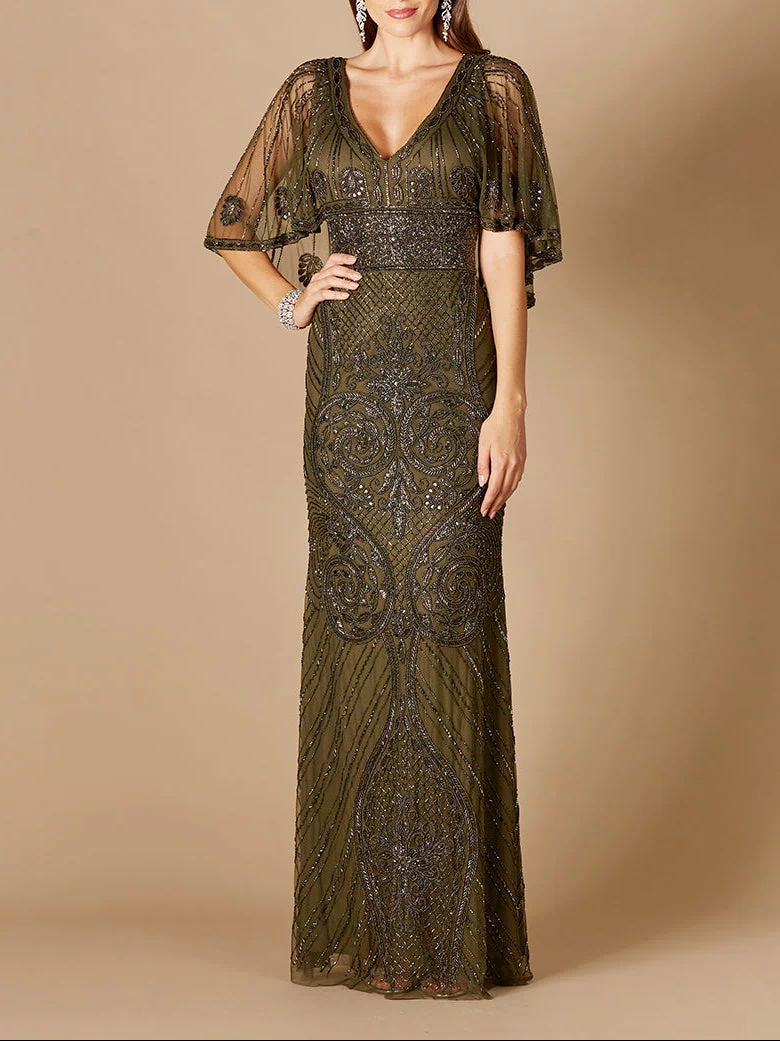 Lara 29356 - Cape Sleeve V-Neck Beaded Gown