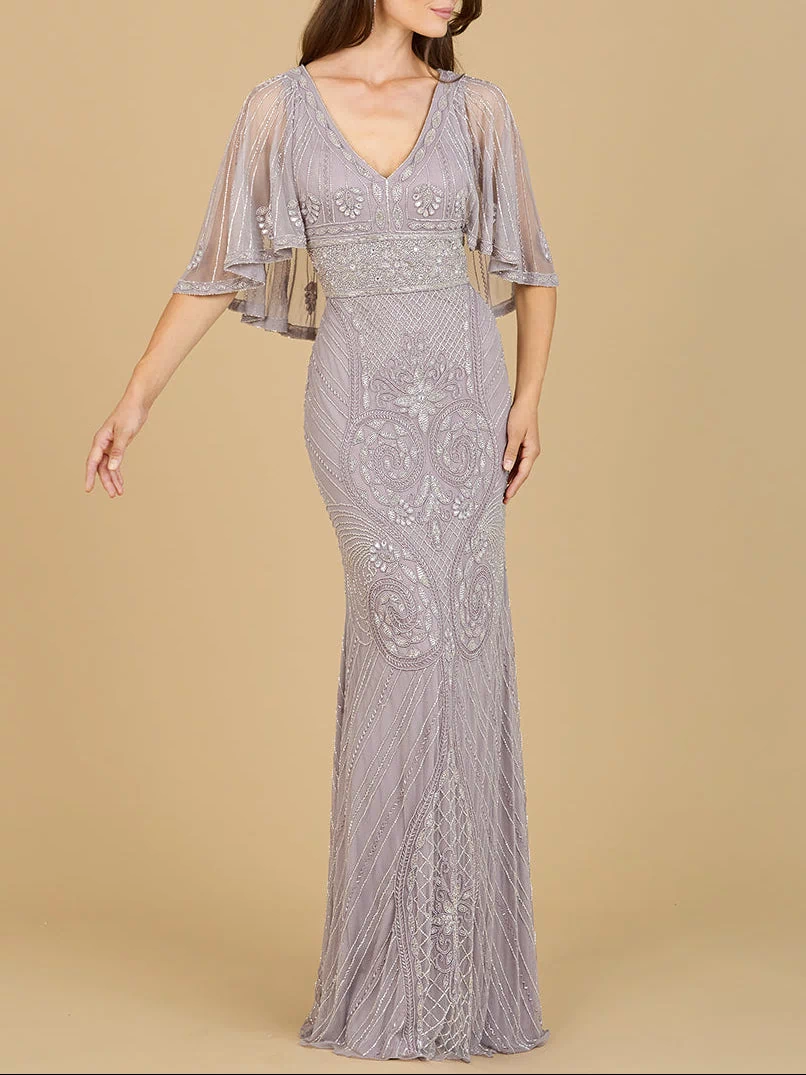 Lara 29356 - Cape Sleeve V-Neck Beaded Gown-Dress-Lara-4-Lilac Smoke-Lara
