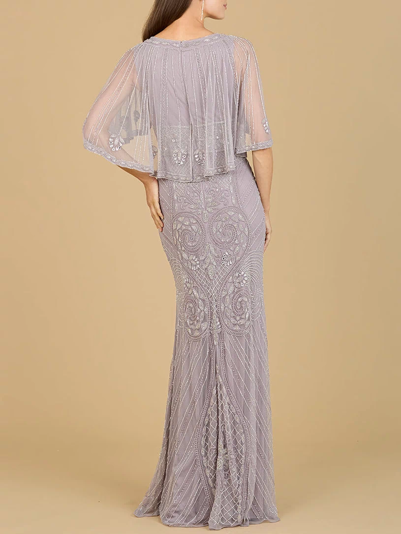 Lara 29356 - Cape Sleeve V-Neck Beaded Gown-Dress-Lara-Lara