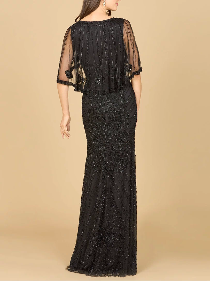 Lara 29356 - Cape Sleeve V-Neck Beaded Gown-Dress-Lara-Lara