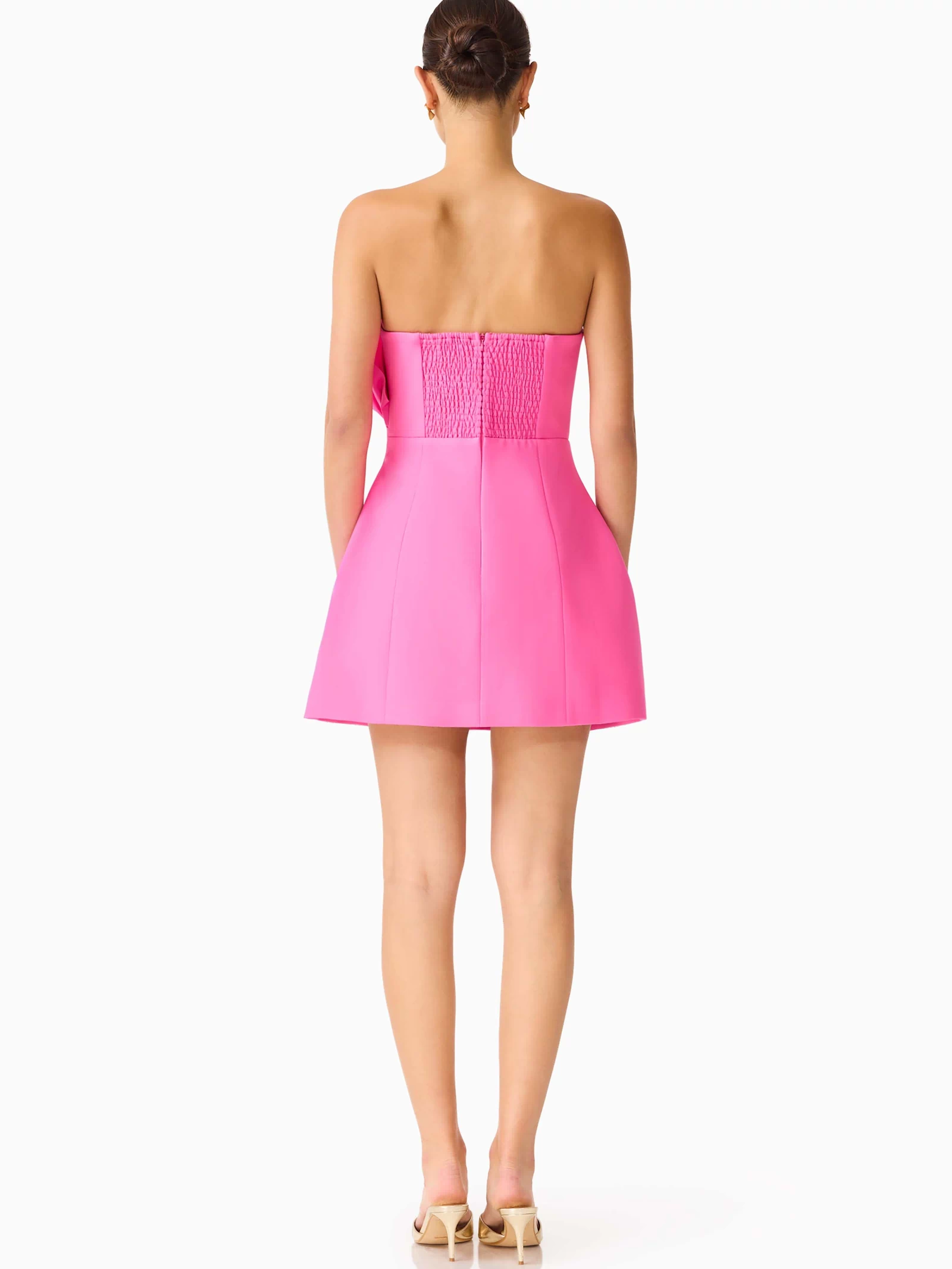 Laurentia Floral Applique Mini Dress in Fuchsia Pink with Invisible Zipper and Back Shirring Back Shot