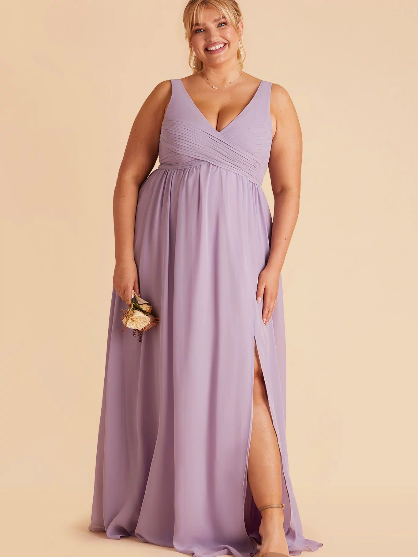 Laurie Empire plus size maternity bridesmaid dress with slit in lavender by Birdy Grey, front view