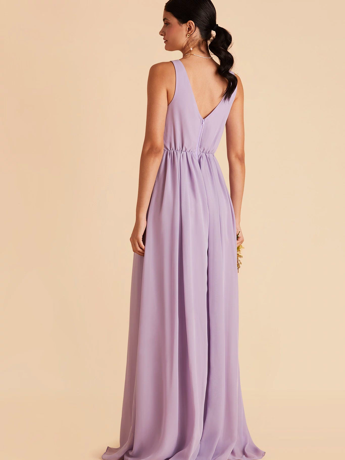 Laurie Empire maternity bridesmaid dress with slit in lavender by Birdy Grey, back view