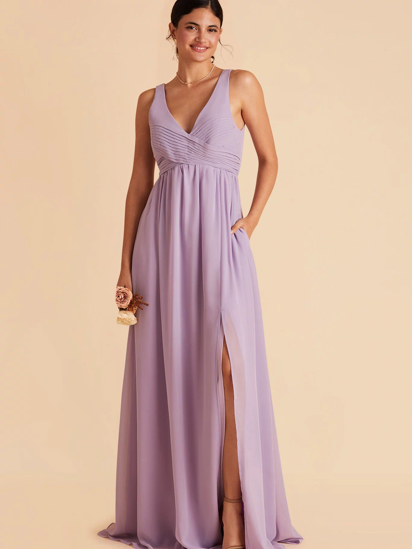 Laurie Empire maternity bridesmaid dress with slit in lavender by Birdy Grey, front view
