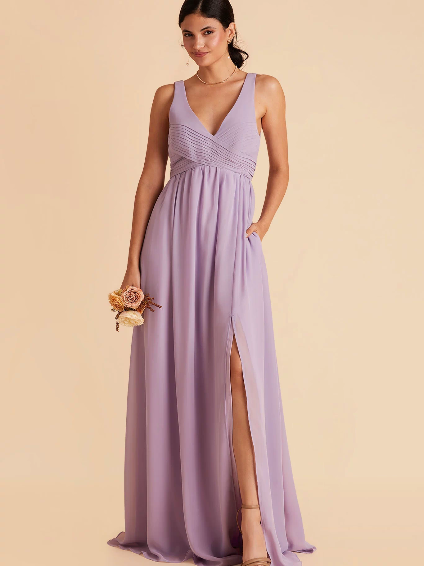 Laurie Empire maternity bridesmaid dress with slit in lavender by Birdy Grey, front view