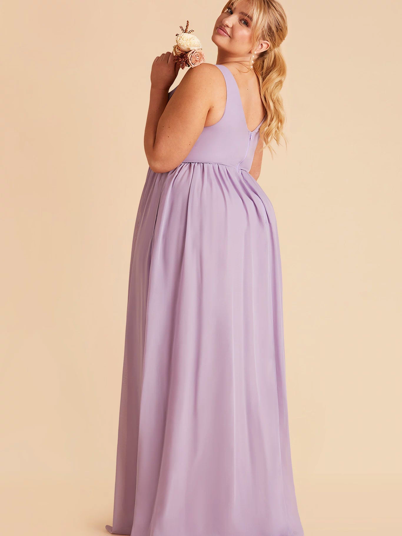 Laurie Empire plus size maternity bridesmaid dress with slit in lavender by Birdy Grey, side view