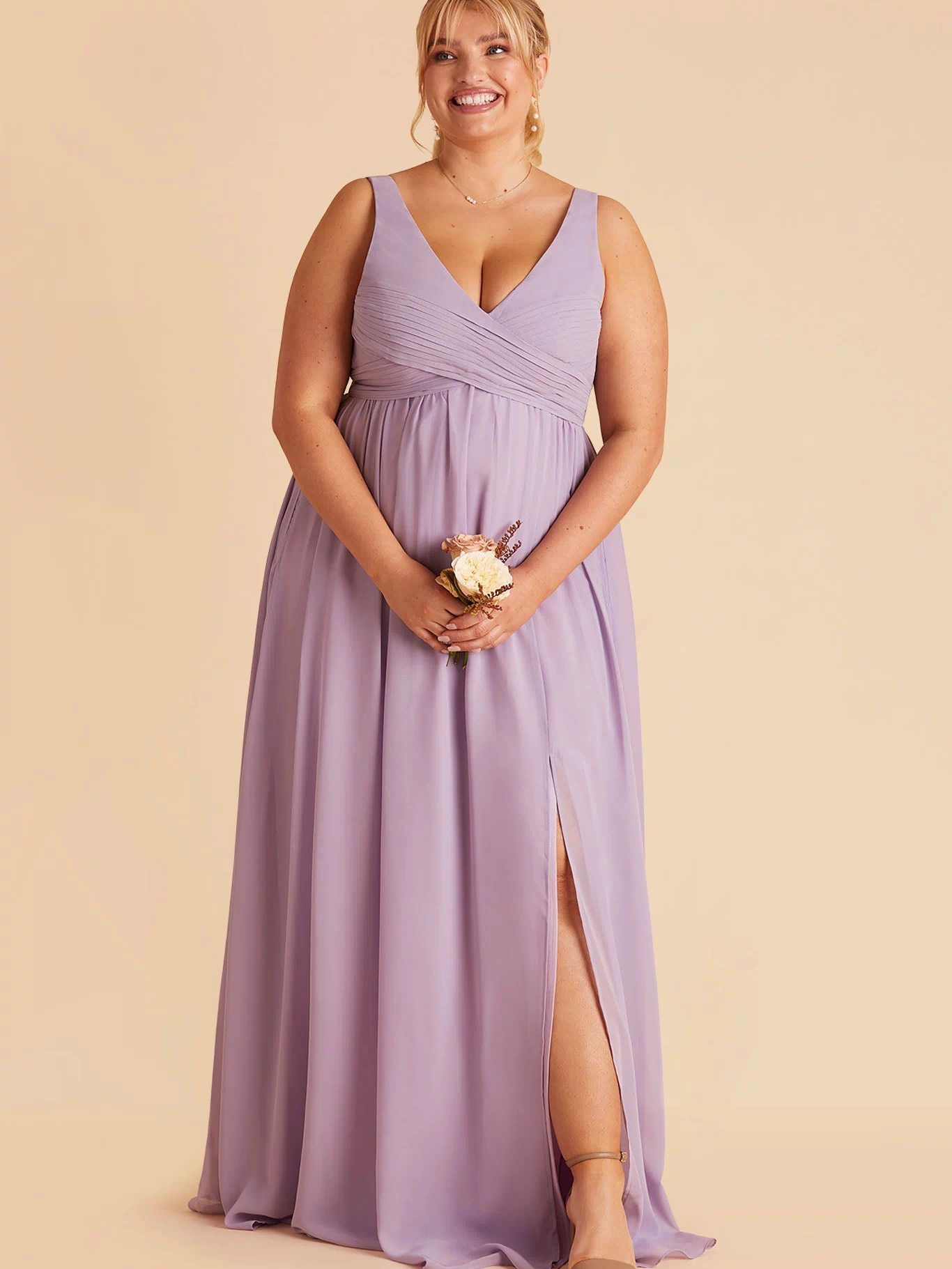 Laurie Empire plus size maternity bridesmaid dress with slit in lavender by Birdy Grey, front view