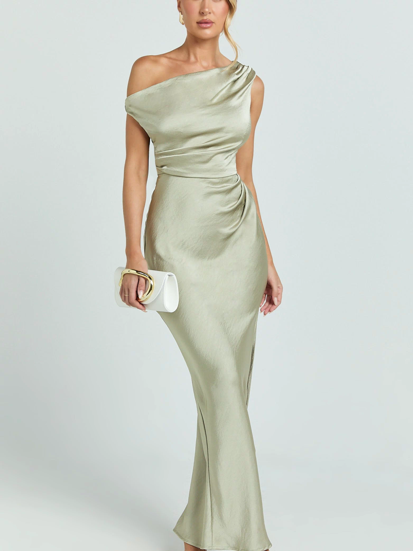 Laurie Maxi Dress - One Shoulder Ruched Dress in Light Olive