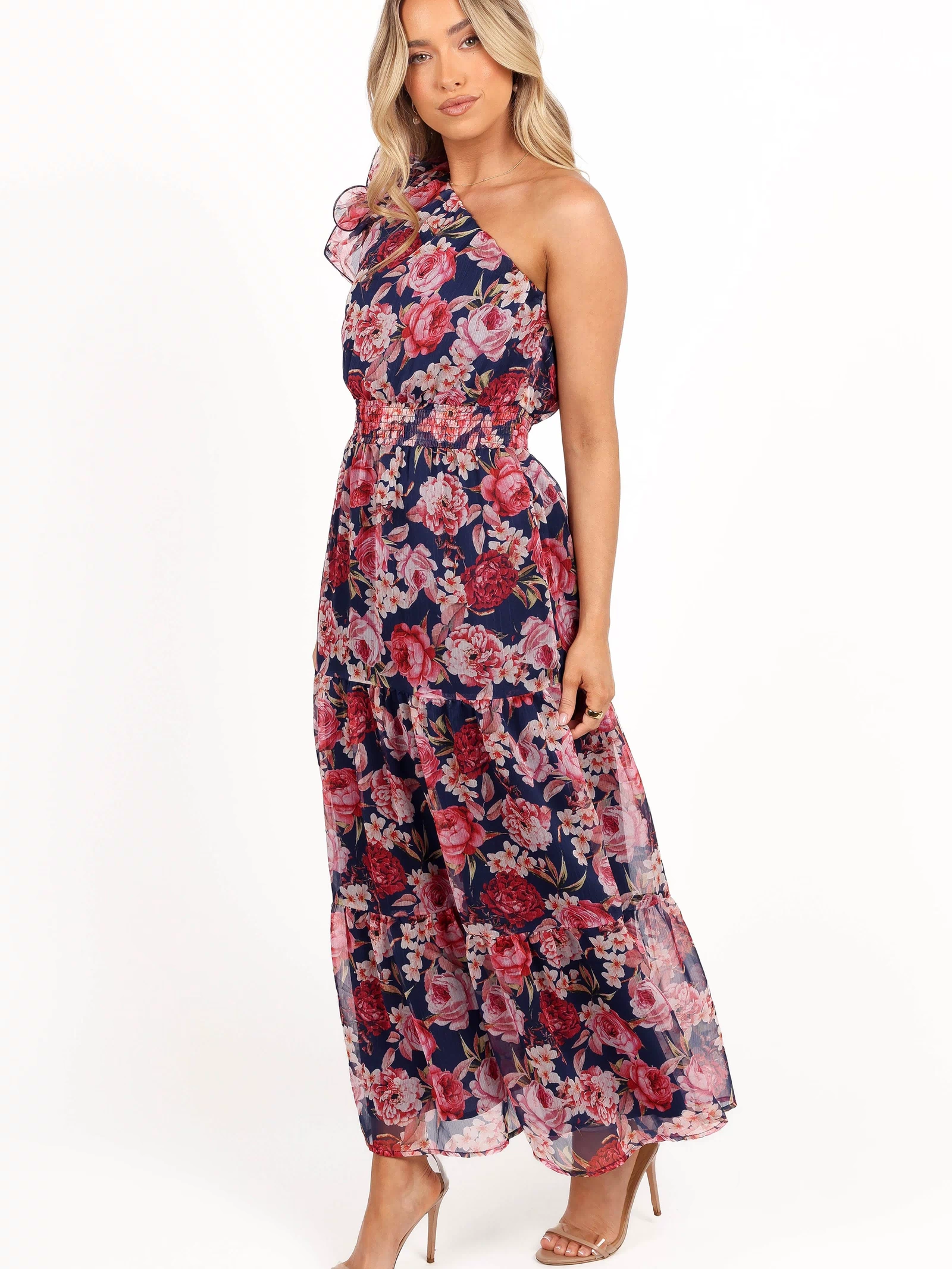 Petal and Pup USA DRESSES Layley One Shoulder Maxi Dress - Navy Floral