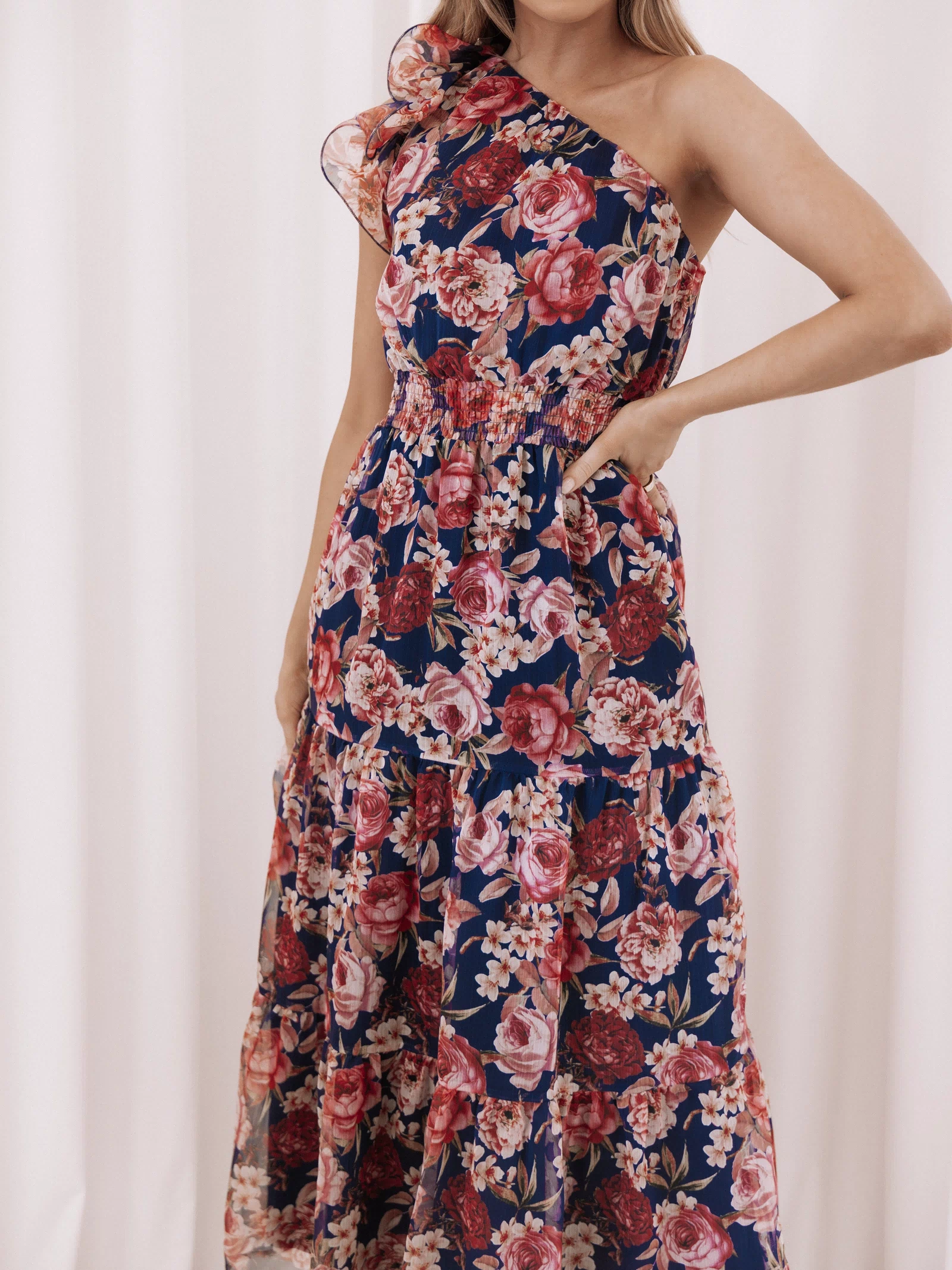Petal and Pup USA DRESSES Layley One Shoulder Maxi Dress - Navy Floral