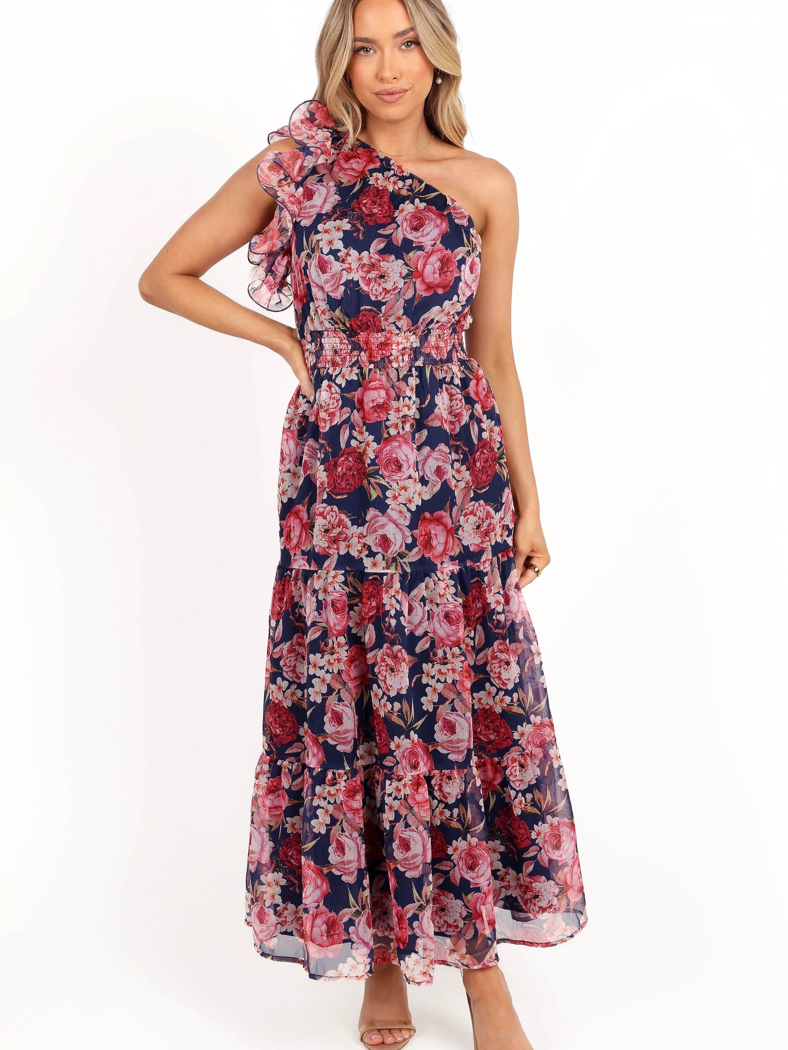 Petal and Pup USA DRESSES Layley One Shoulder Maxi Dress - Navy Floral