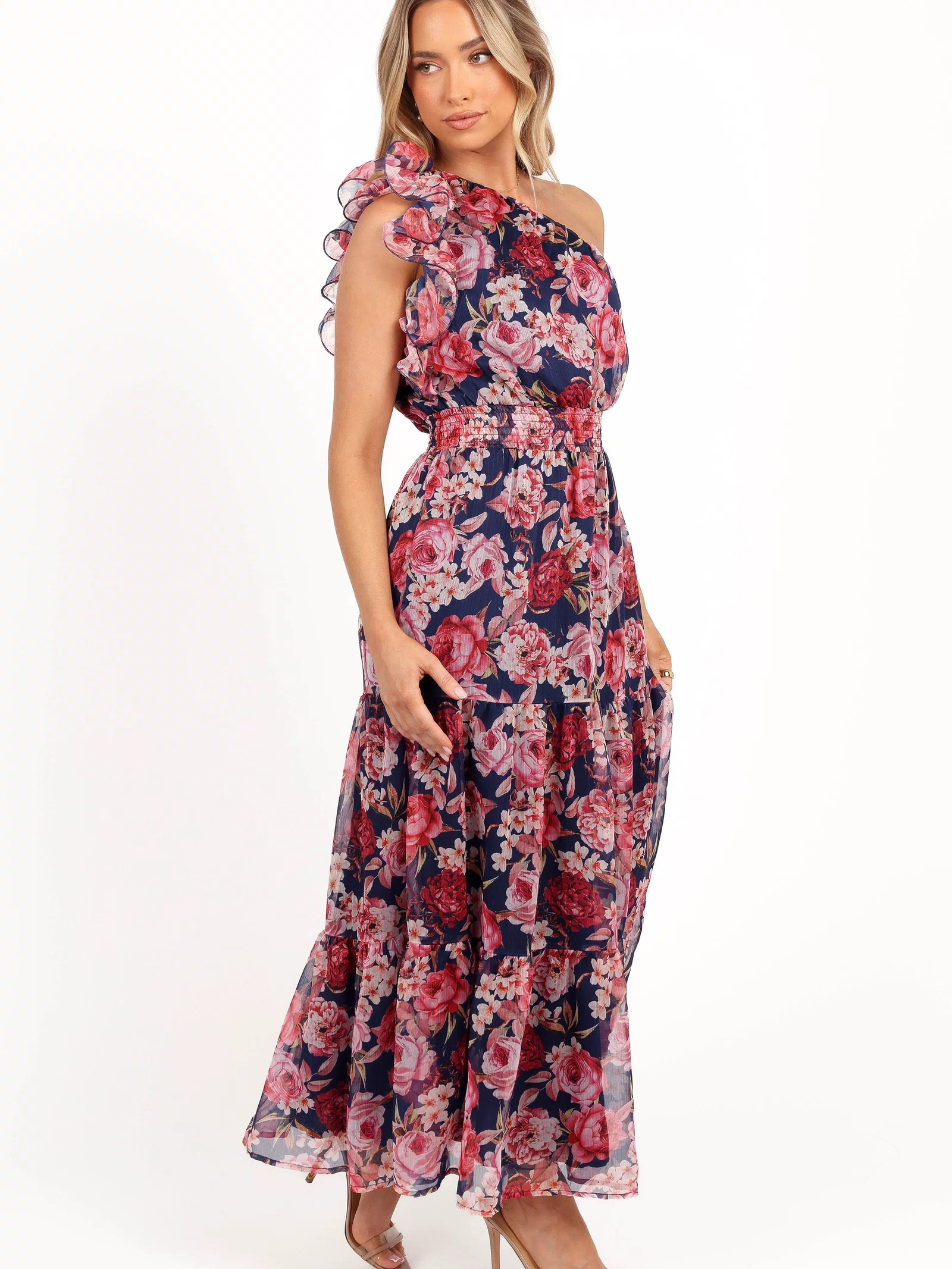 Petal and Pup USA DRESSES Layley One Shoulder Maxi Dress - Navy Floral