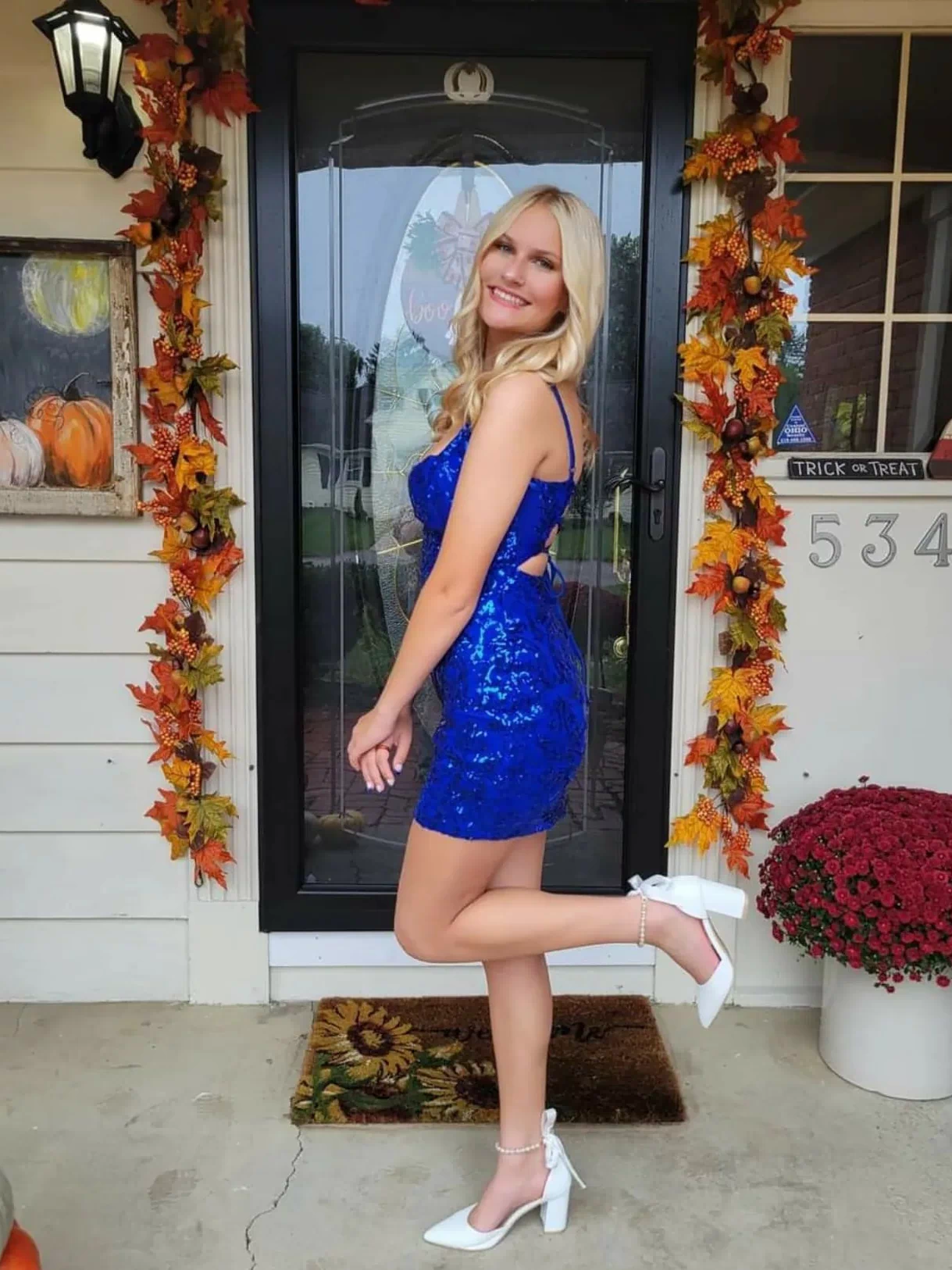 Own the evening in the Leila Sequin Bodycon Mini Dress in royal blue, a cocktail dress perfect for rooftop parties and stylish soirées.