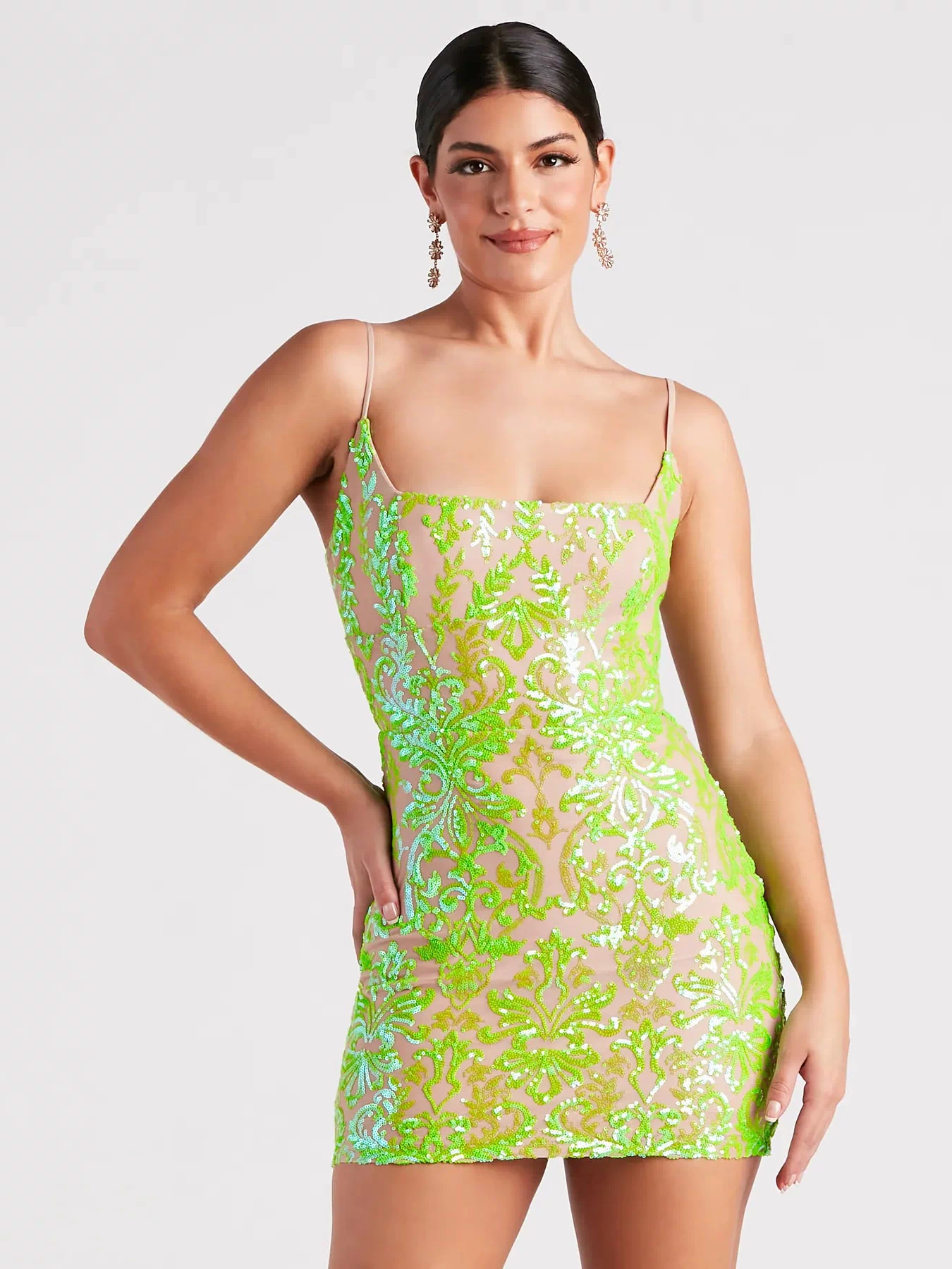 Shimmer through every feed refresh in the Leila Sequin Bodycon Mini Dress, a viral-worthy look from Windsor's lime green prom dresses that nails bold, confident energy.