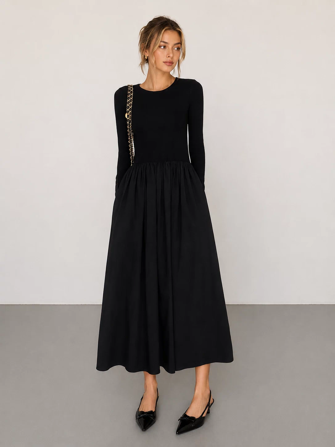 Leisure Pockets Long Sleeve Long Dress