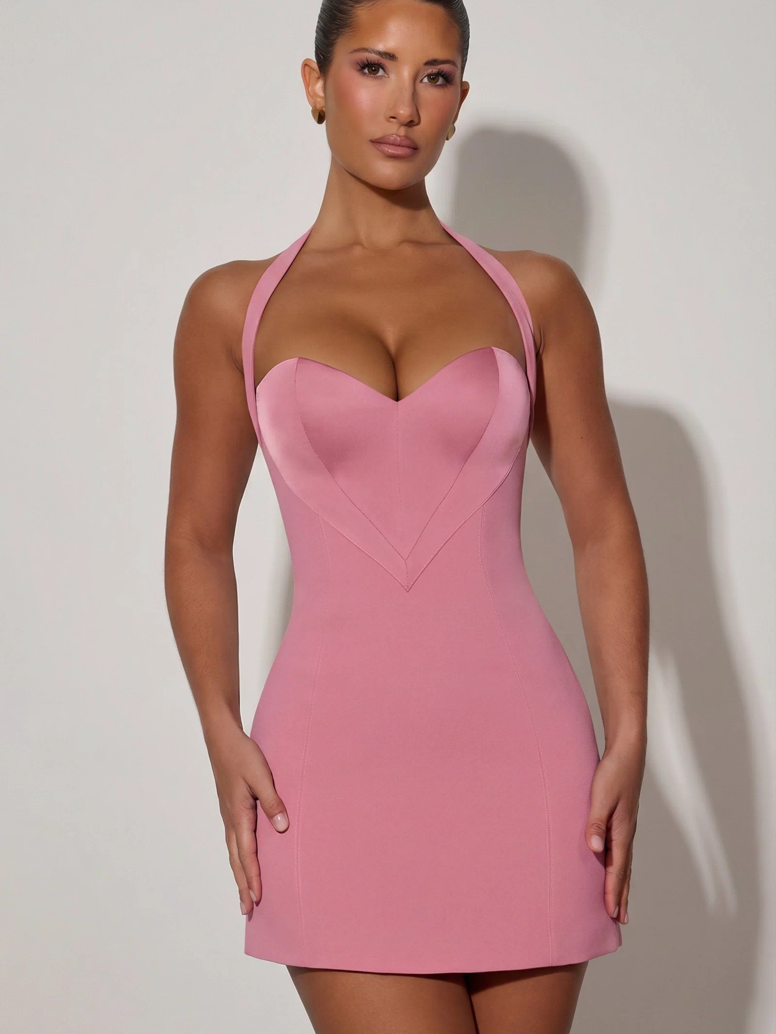Heart-Detail Halterneck A-Line Mini Dress in Dusty Pink