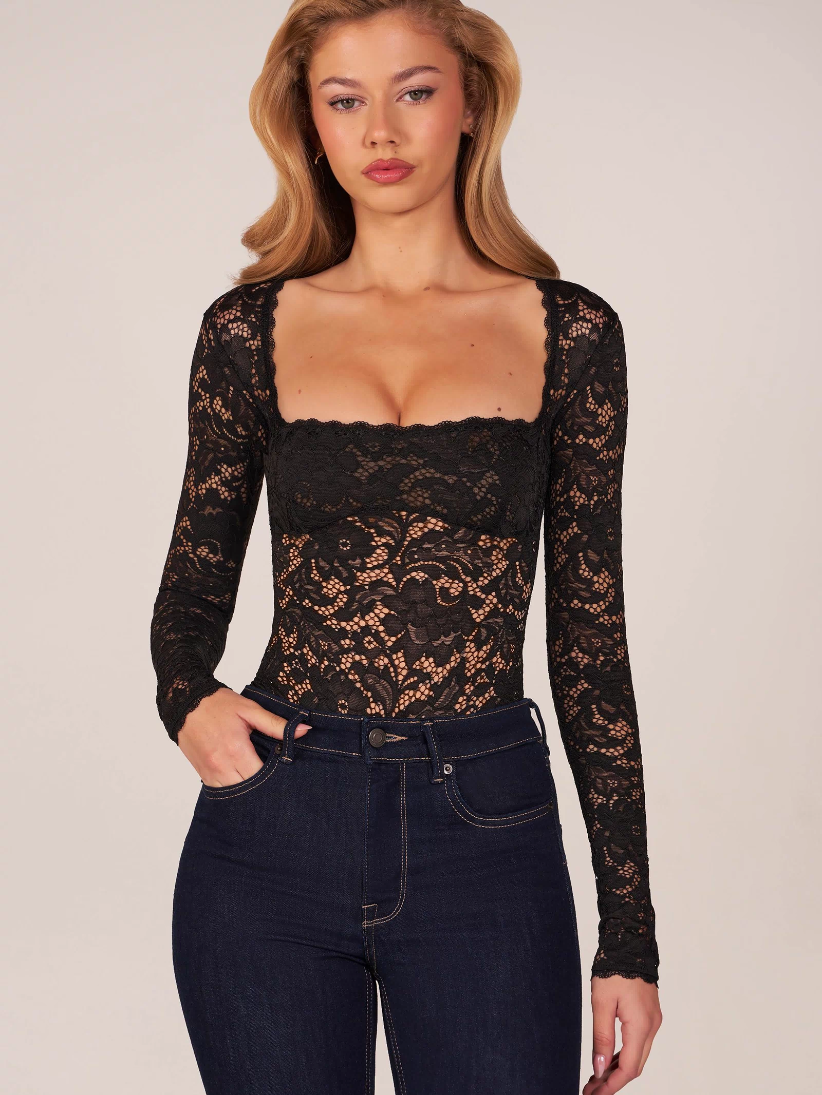Long-Sleeve Laced Bodysuit in Black