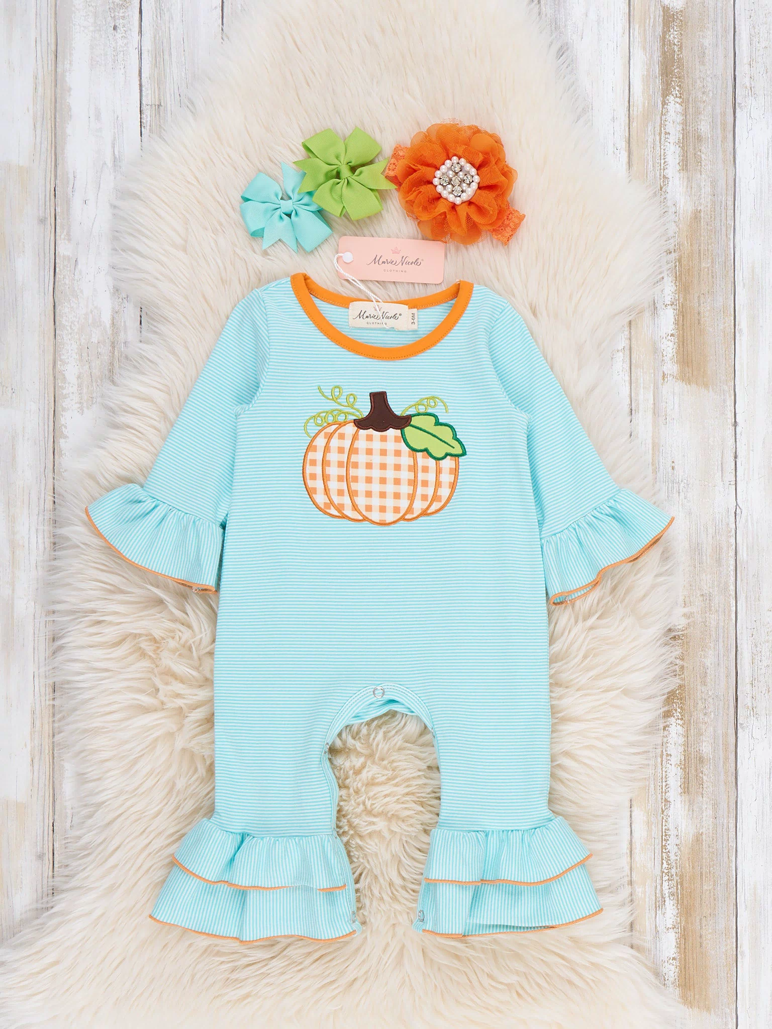 Light Blue Stripes Pumpkin Ruffle Romper