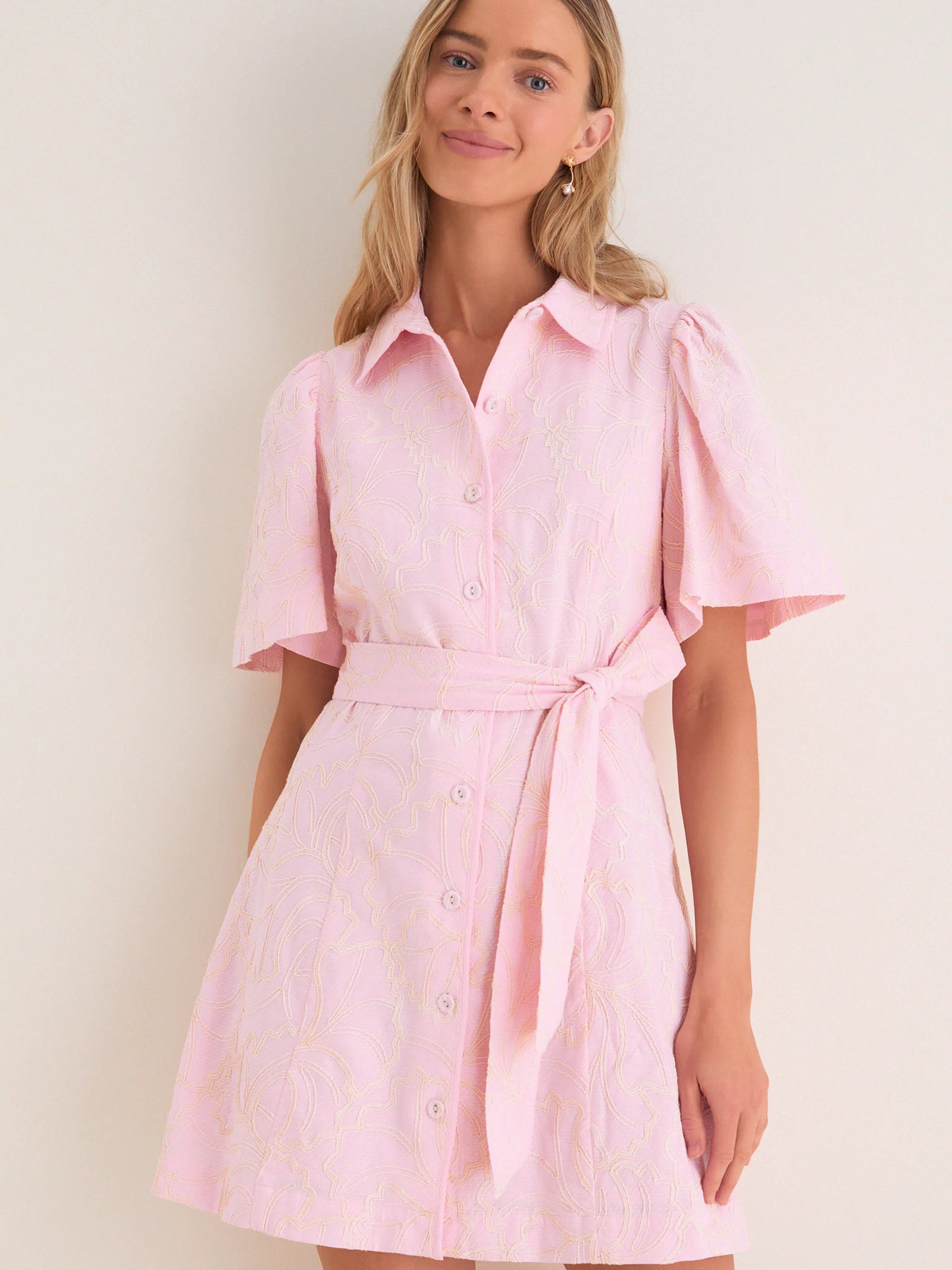 Light Pink Embroidered Gingko Leaf Peppa Mini Dress