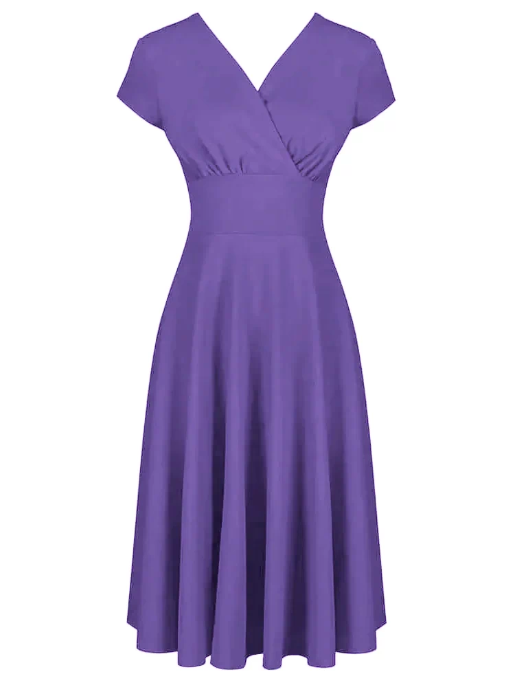 Lilac Purple A Line Crossover Bust Capped Sleeve Tea Swing Dress