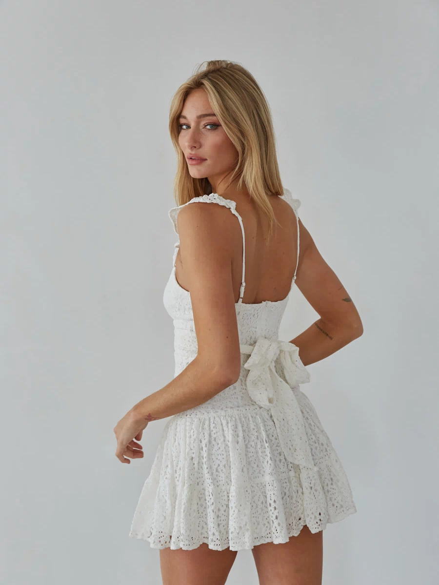 white riffle strap bow back lace mini dress | white lace mini dress
