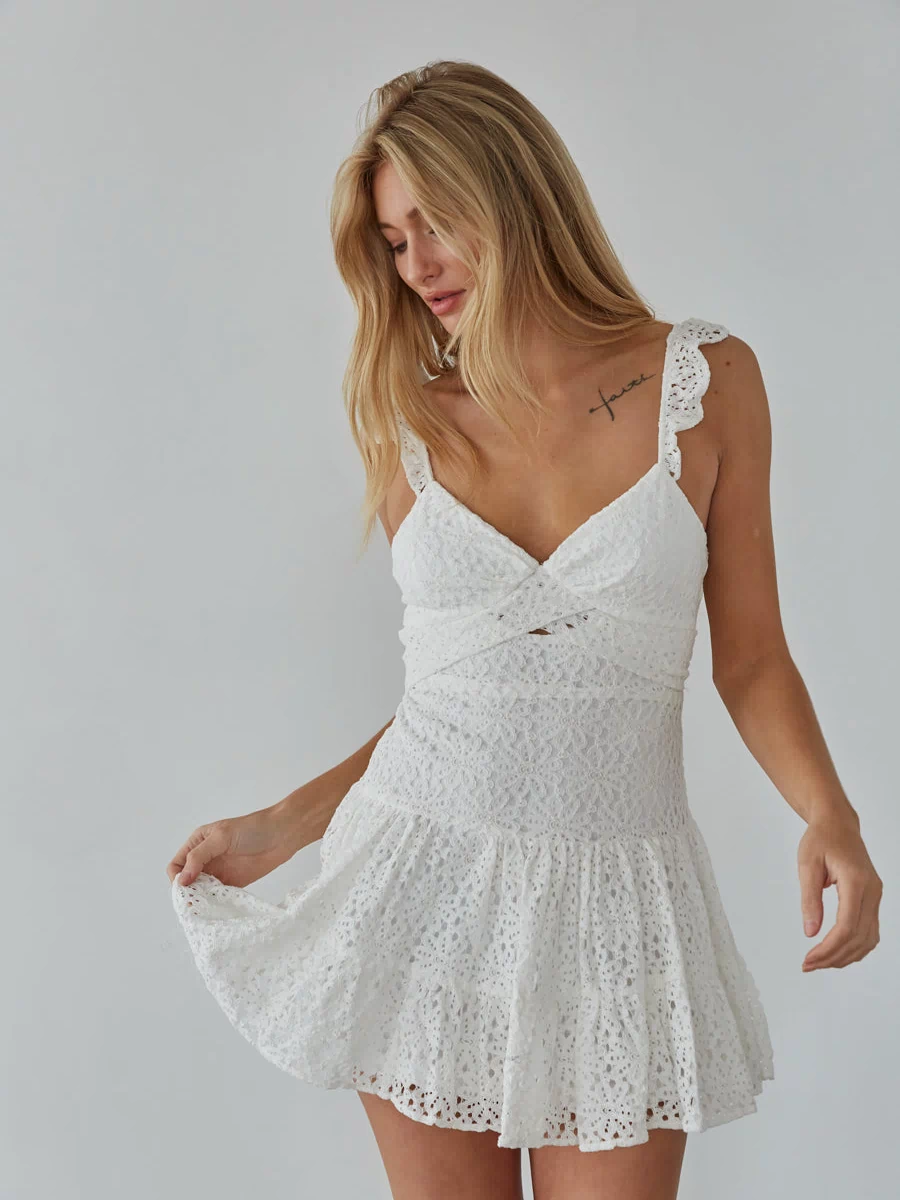 white ruffle strap keyhole cutout drop waist lace mini dress | trendy white mini dress boutique