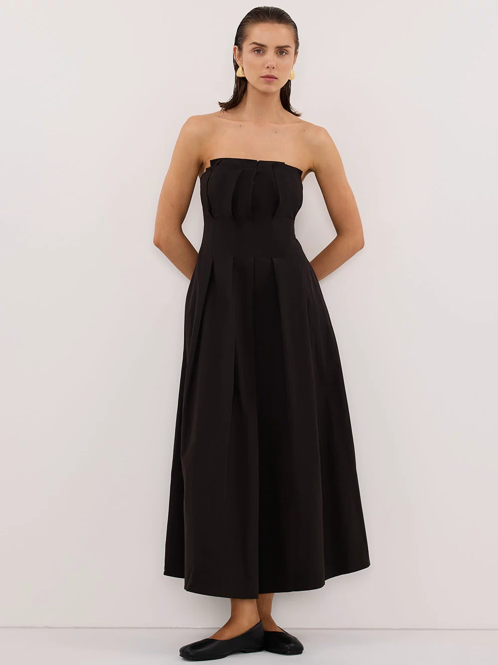 LILLY BLACK COTTON STRAPLESS MIDI DRESS