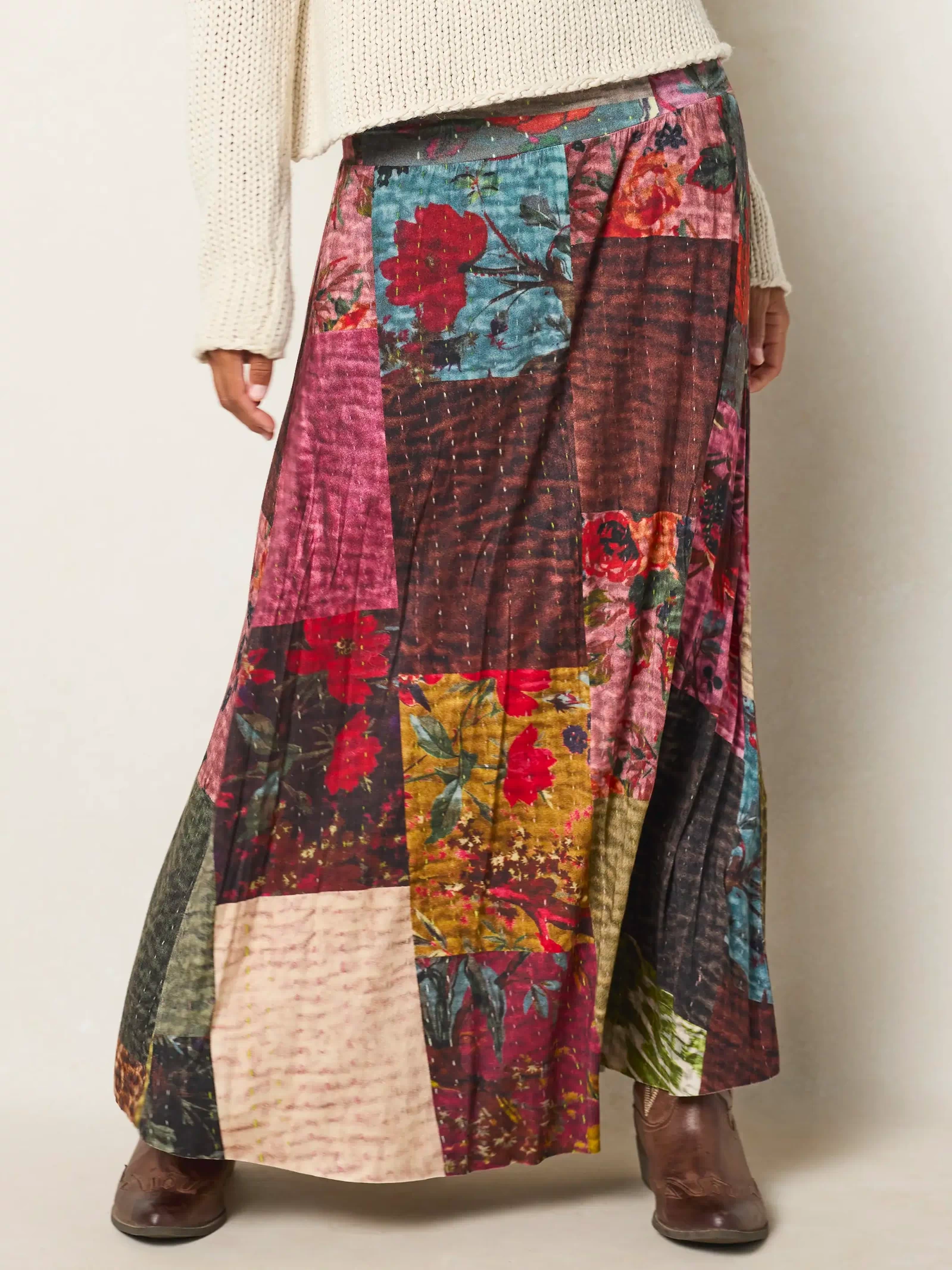 Live-In-It Knit "ButterSoft" Maxi Skirt - Jewel Quilt Multi-view 7