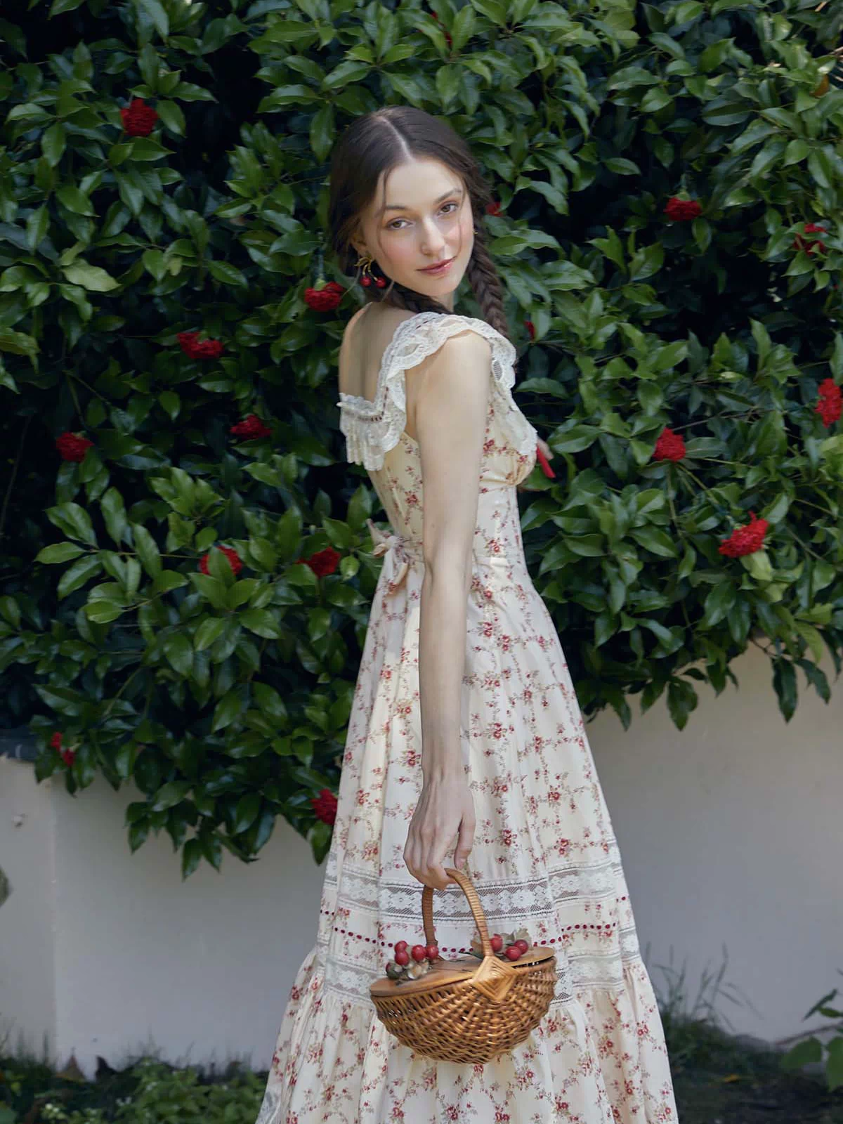 Lacemade vintage floral corset dress - romantic side profile for garden tea party