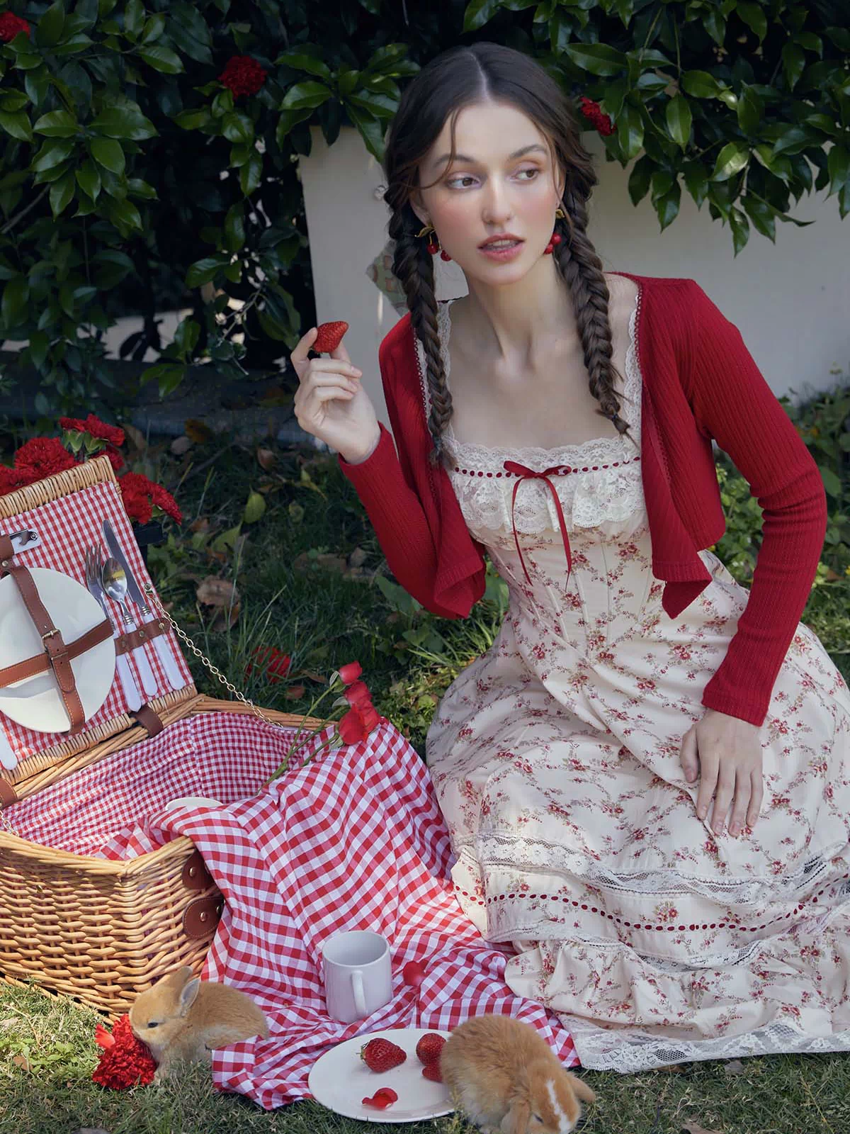 Lacemade cottagecore picnic aesthetic - red garnet floral dress with red cardigan