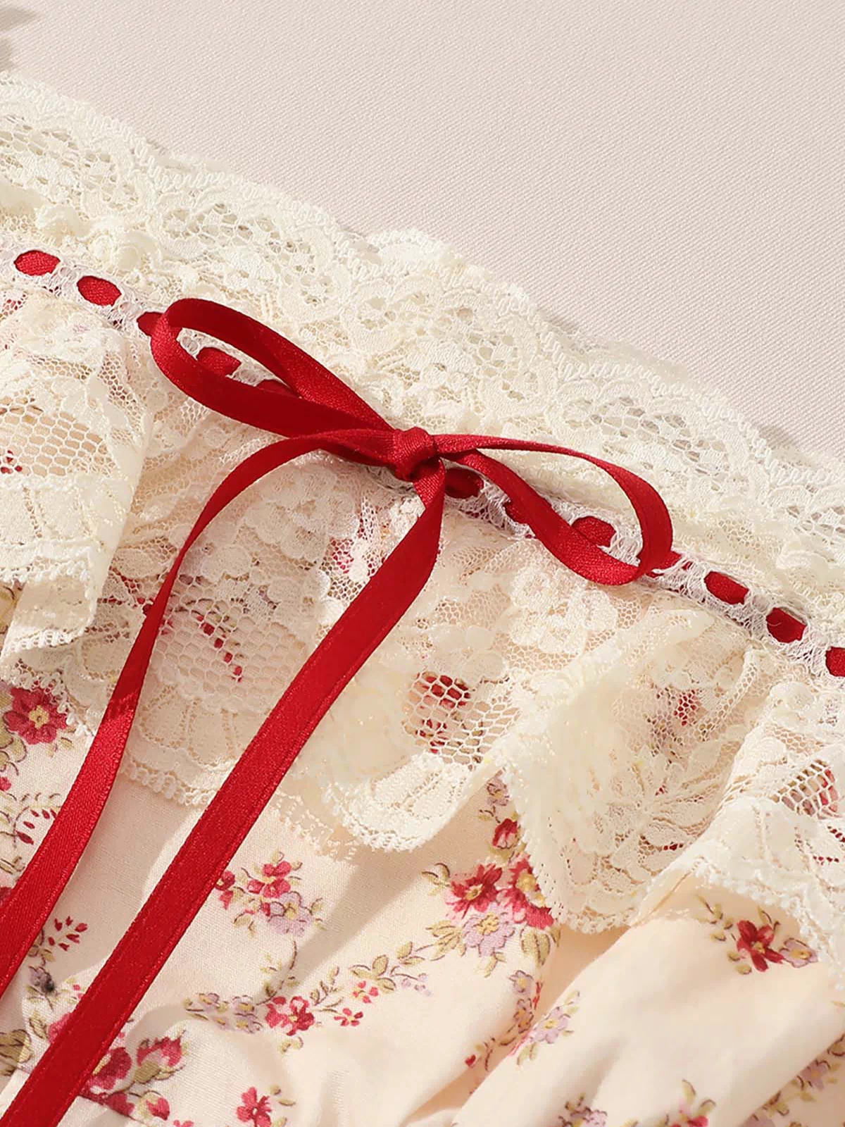 Lacemade "Red Garnet" dress neckline - coquette red bow and ruffle lace trim