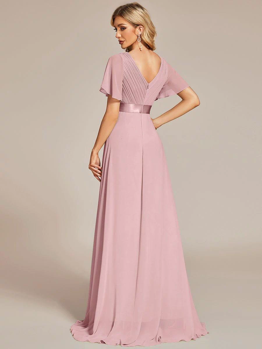 Long Empire Waist Evening Dress with Short Flutter Sleeves #color_Dusty Rose