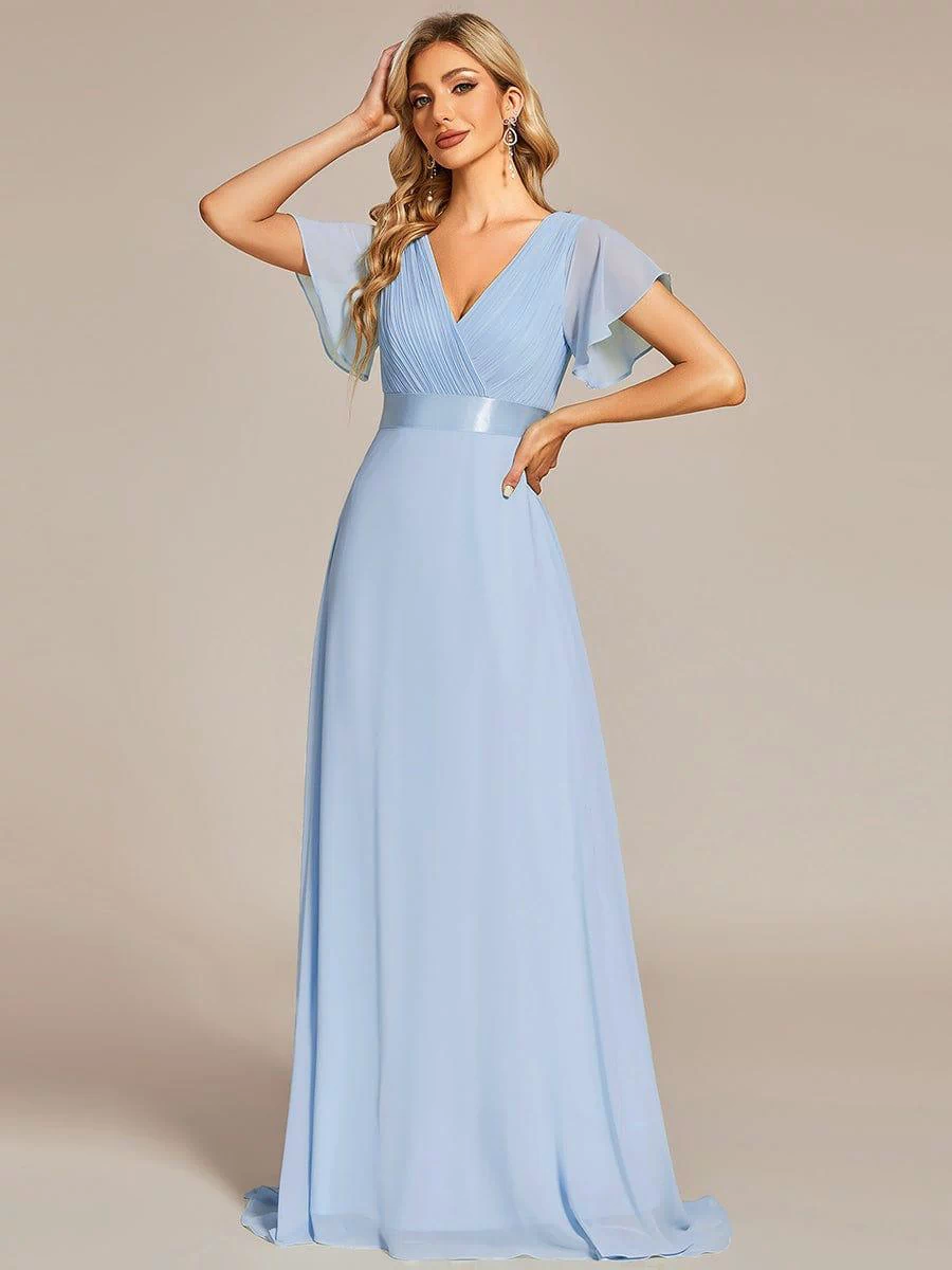Long Empire Waist Evening Dress with Short Flutter Sleeves #color_Ice Blue