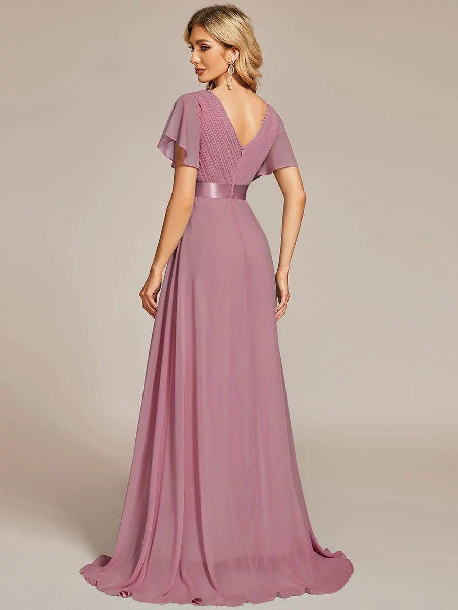 Long Empire Waist Evening Dress with Short Flutter Sleeves #color_Purple Orchid