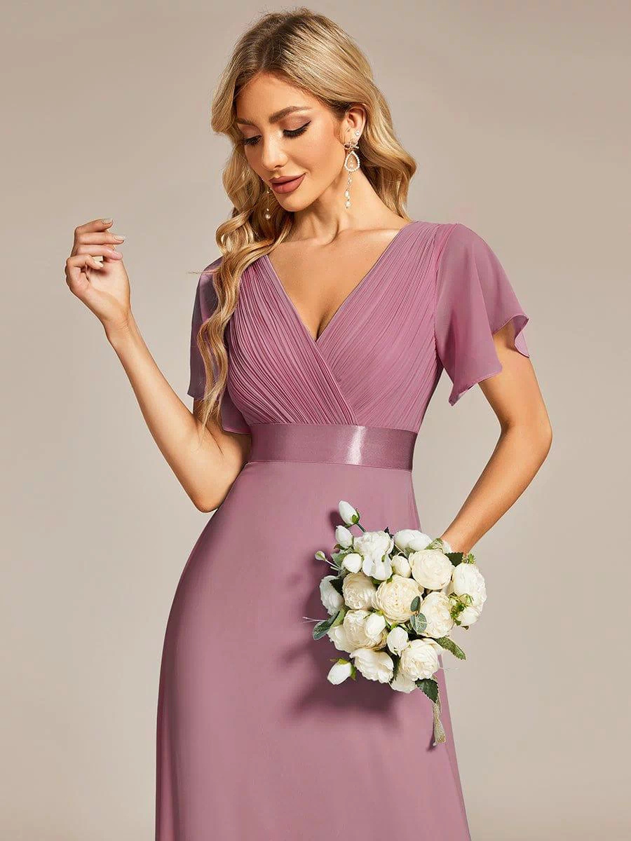 Long Empire Waist Evening Dress with Short Flutter Sleeves #color_Purple Orchid