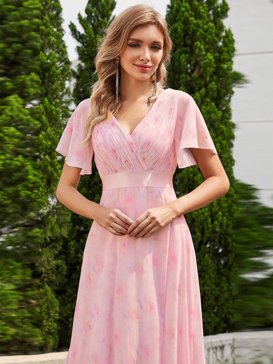 Long Empire Waist Evening Dress with Short Flutter Sleeves #color_Light Purple Roses