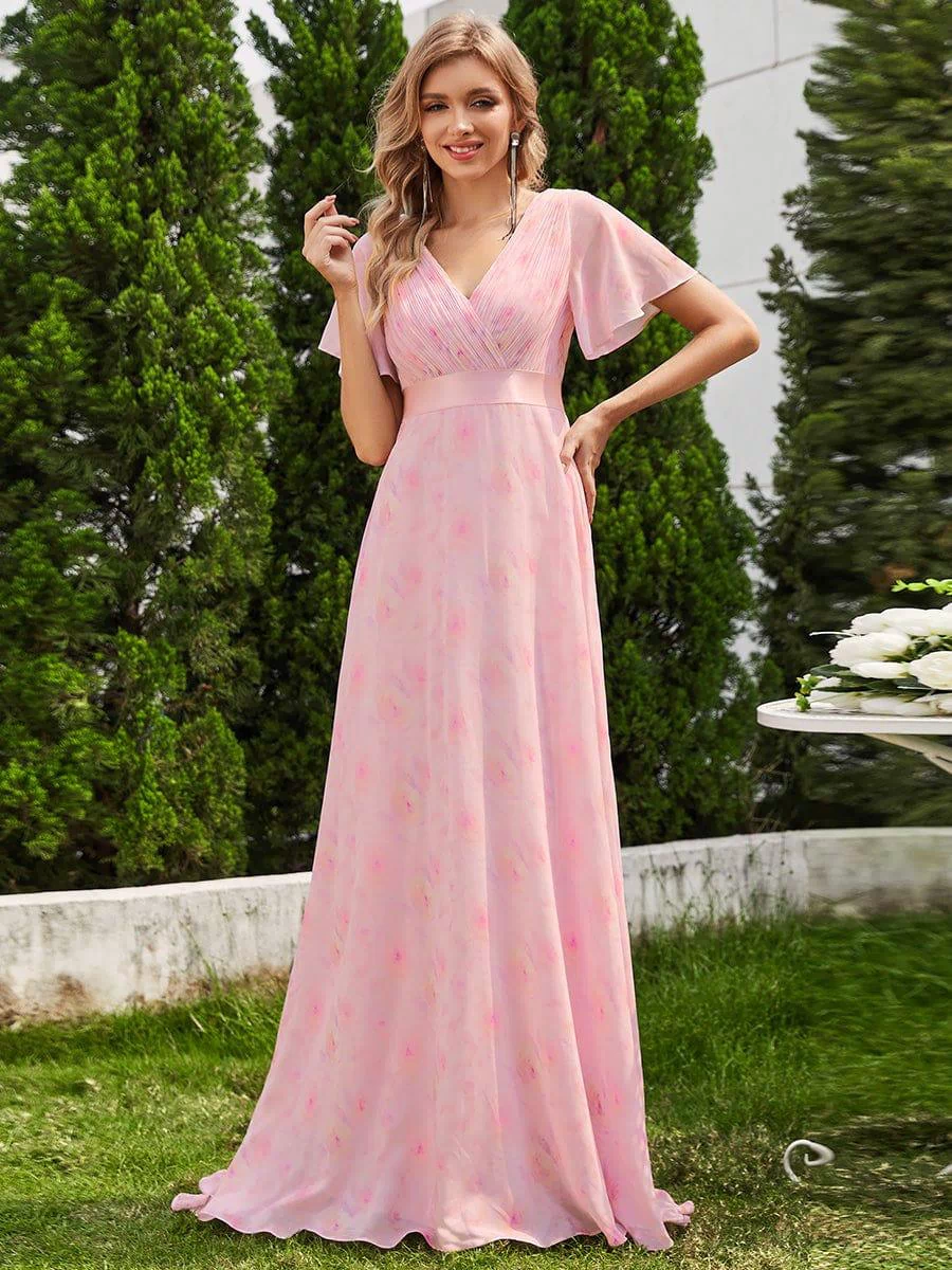 Long Empire Waist Evening Dress with Short Flutter Sleeves #color_Light Purple Roses