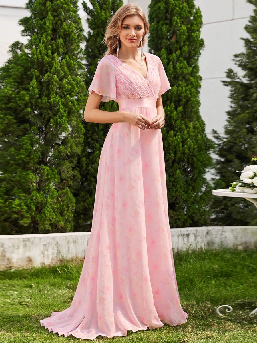 Long Empire Waist Evening Dress with Short Flutter Sleeves #color_Light Purple Roses