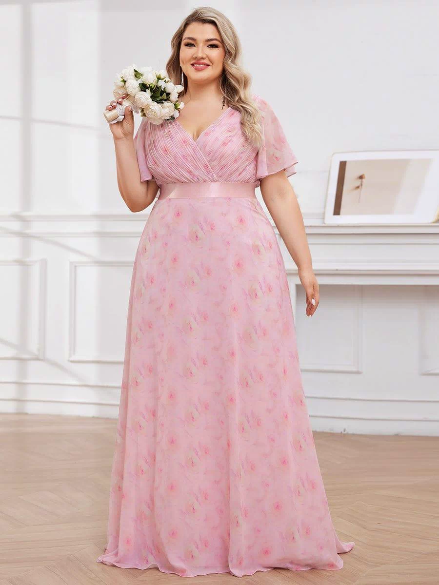 Long Empire Waist Evening Dress with Short Flutter Sleeves #color_Light Purple Roses