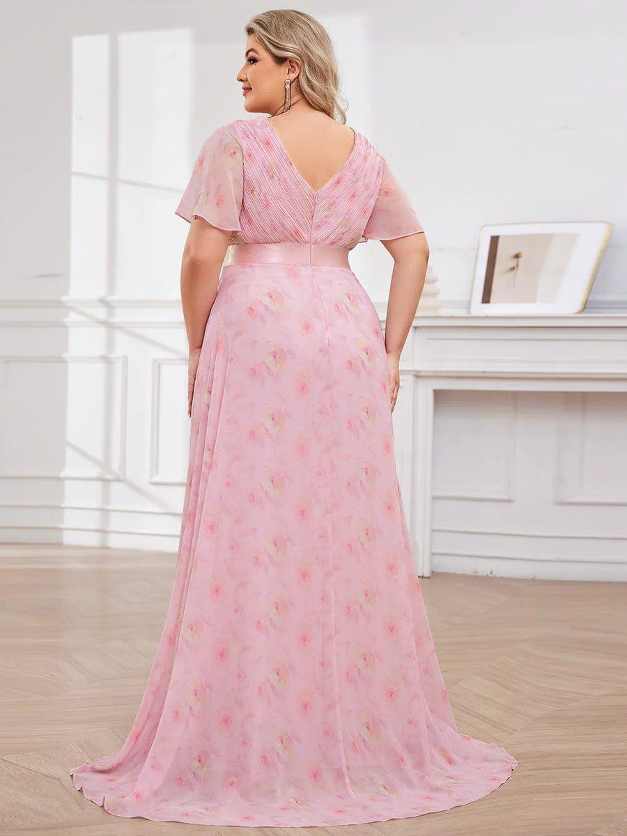 Long Empire Waist Evening Dress with Short Flutter Sleeves #color_Light Purple Roses
