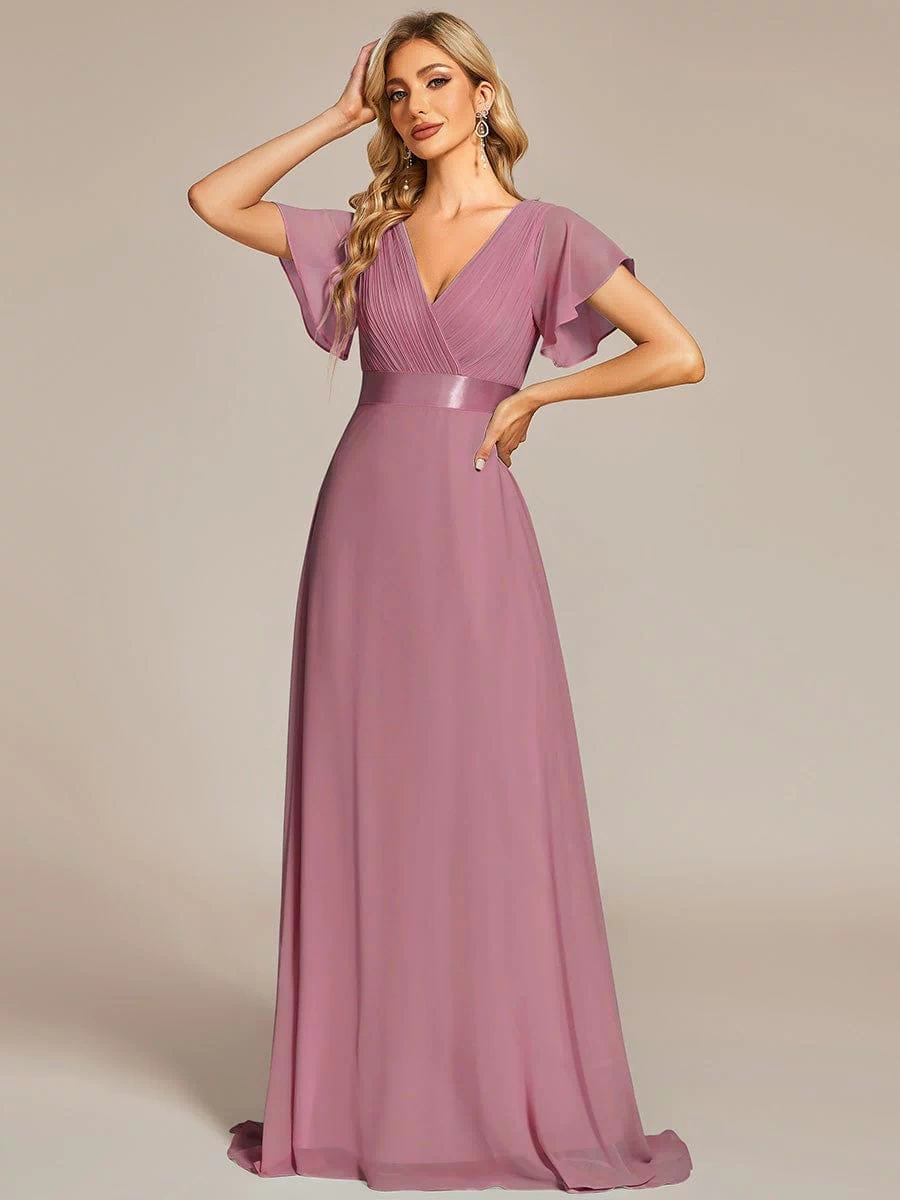 Long Empire Waist Evening Dress with Short Flutter Sleeves #color_Purple Orchid