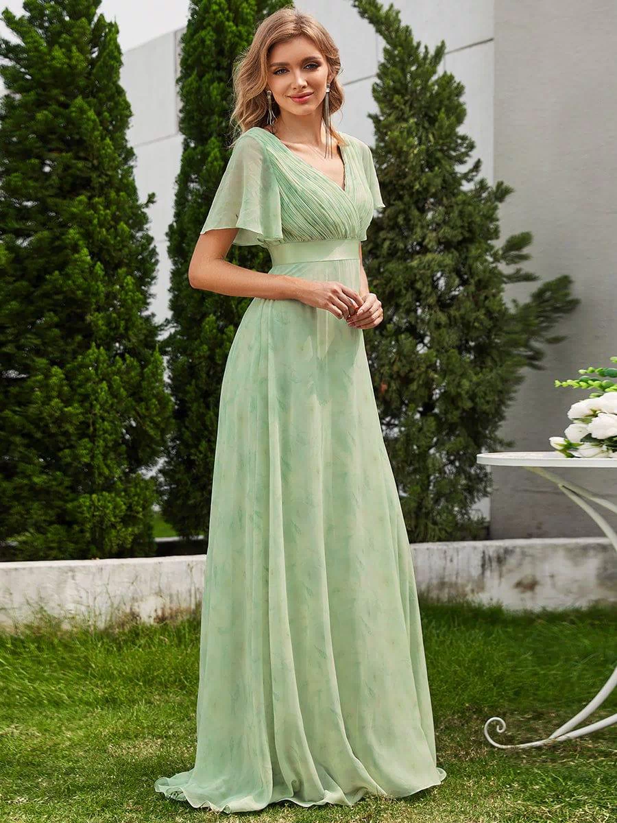 Long Empire Waist Evening Dress with Short Flutter Sleeves #color_Light Green Roses