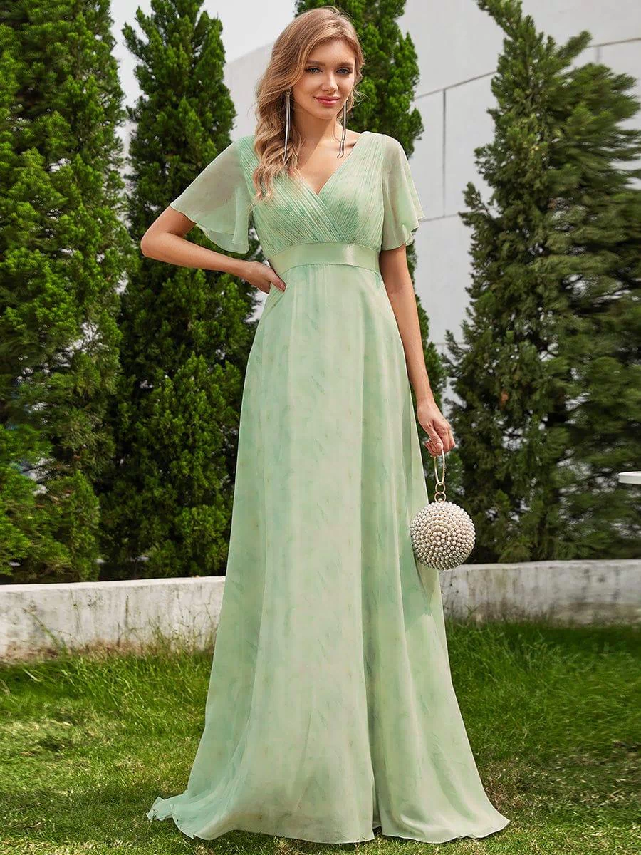 Long Empire Waist Evening Dress with Short Flutter Sleeves #color_Light Green Roses