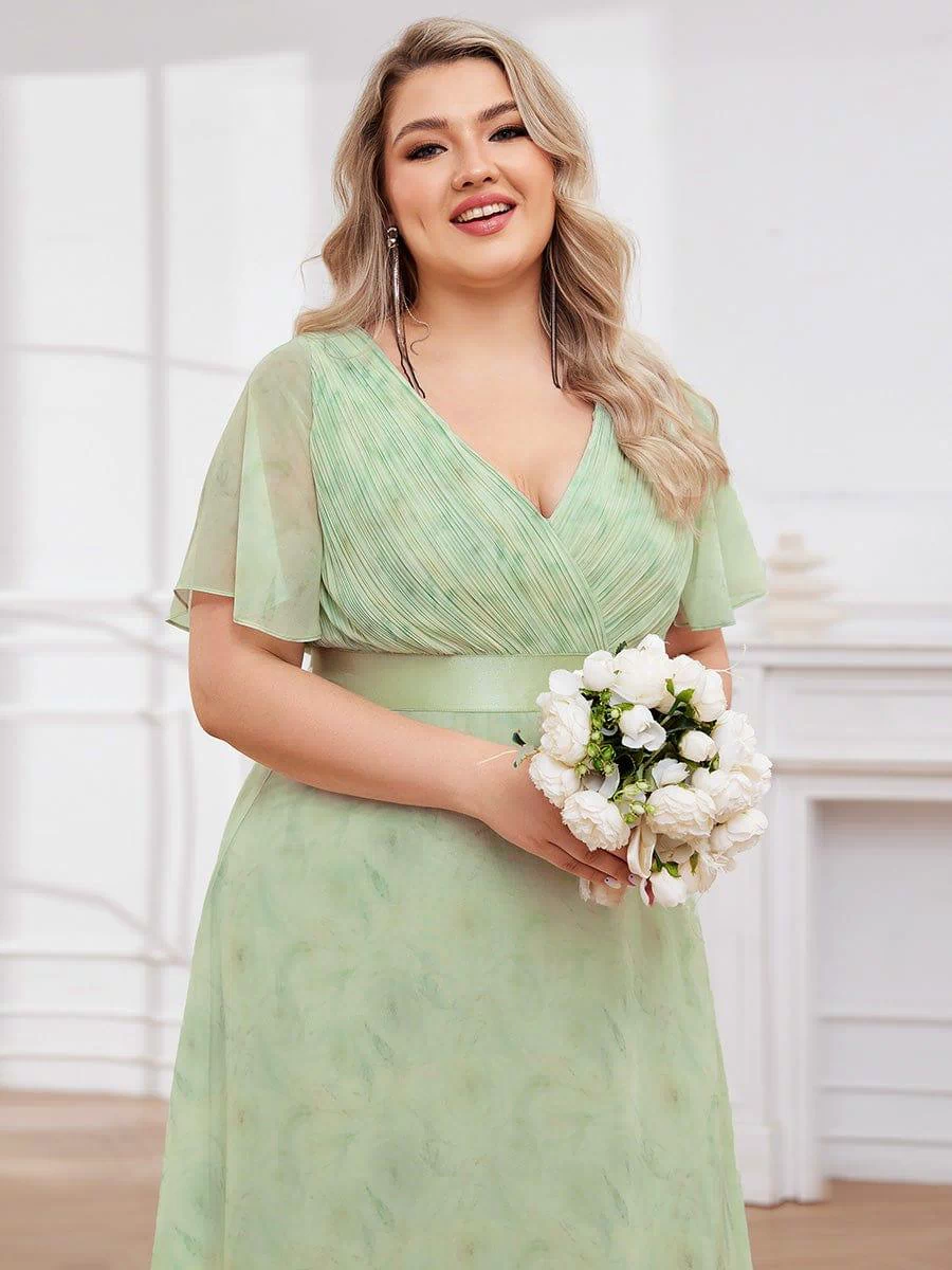 Long Empire Waist Evening Dress with Short Flutter Sleeves #color_Light Green Roses